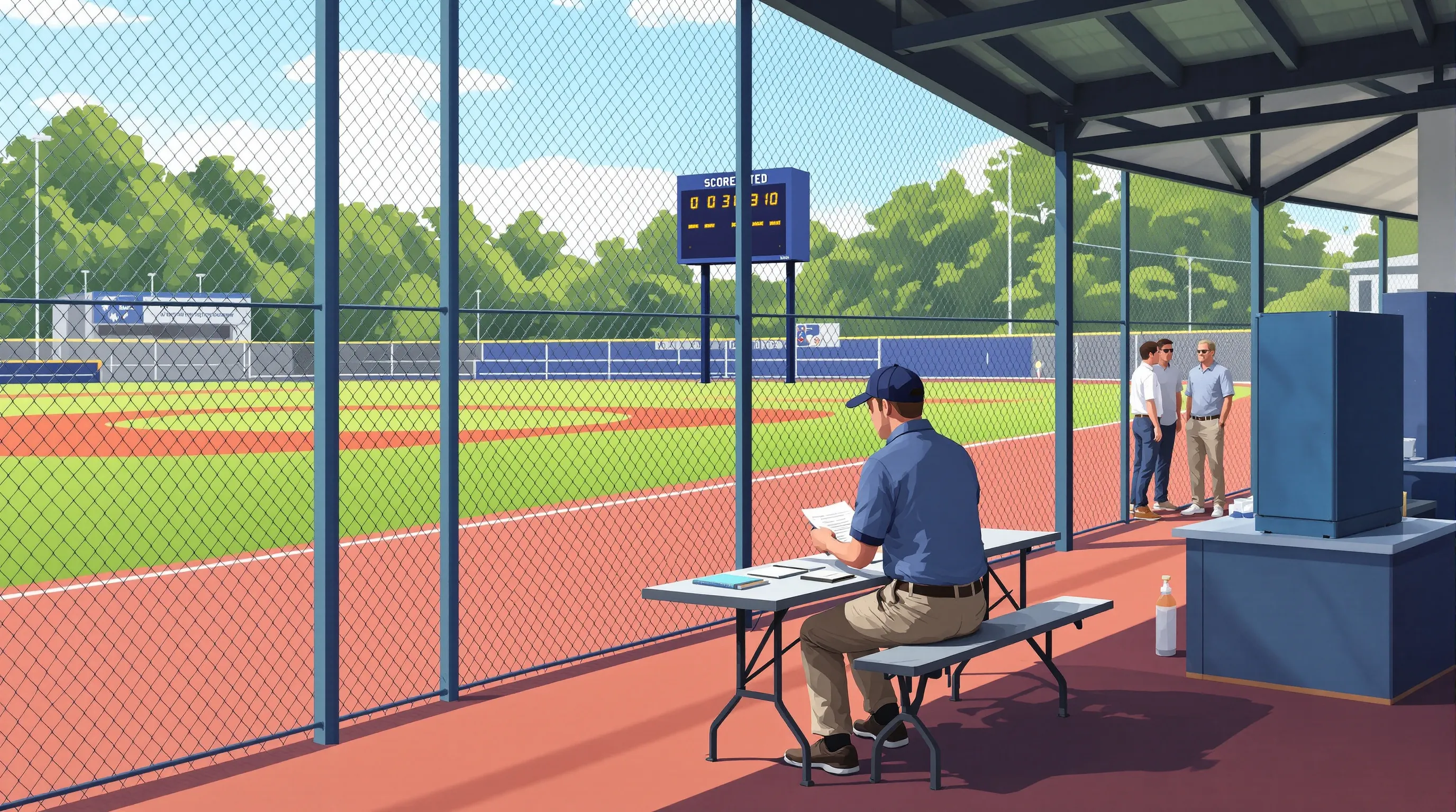 Facilities manager reviews scoreboard documents at a baseball field, with a small scoreboard on two steel poles visible in the far background behind the outfield fence