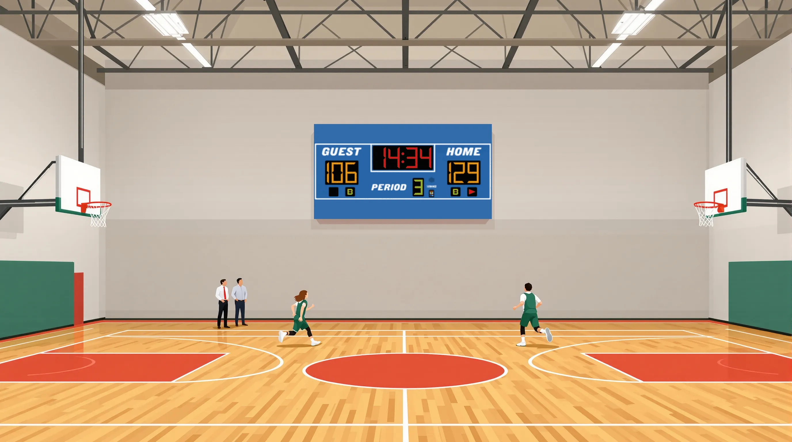 Flat 2D vector editorial illustration. Interior of a high school gymnasium with a hardwood basketball court, painted center circle, and foul lines visible