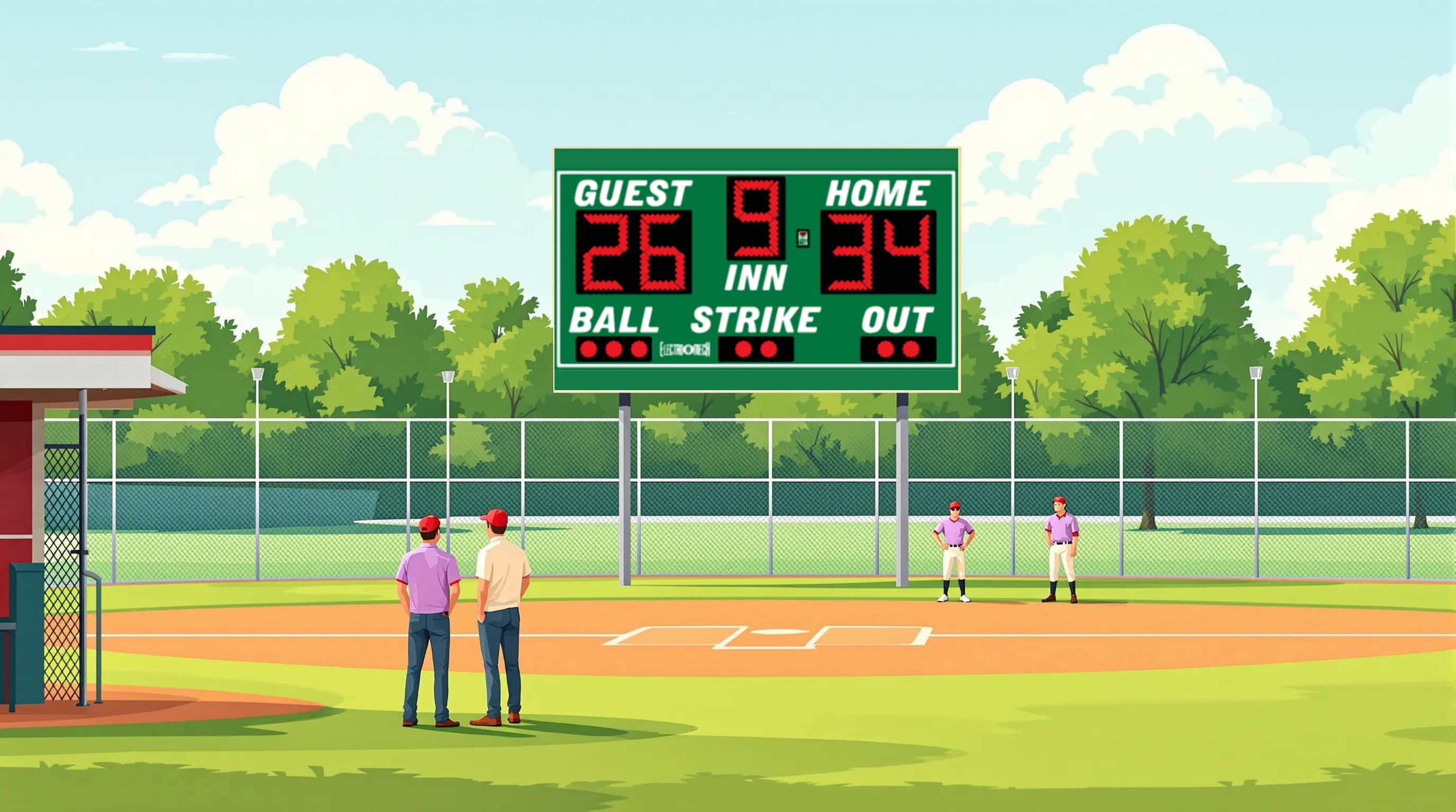 Illustration of a high school baseball field with a small scoreboard visible in the far distance beyond the outfield fence