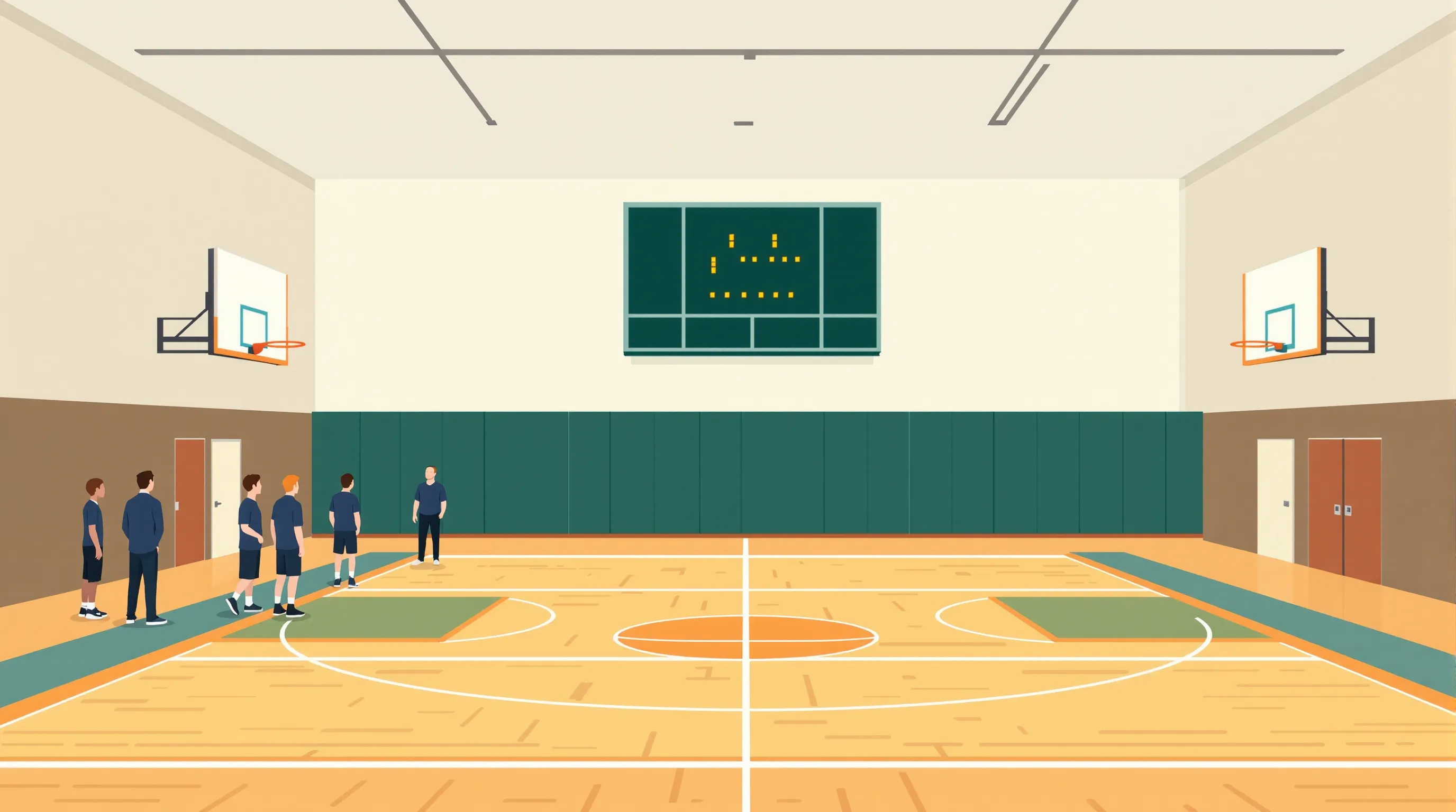 Illustration of a school gym with two coaches and a few players on a basketball court and a small green scoreboard high on the far wall.