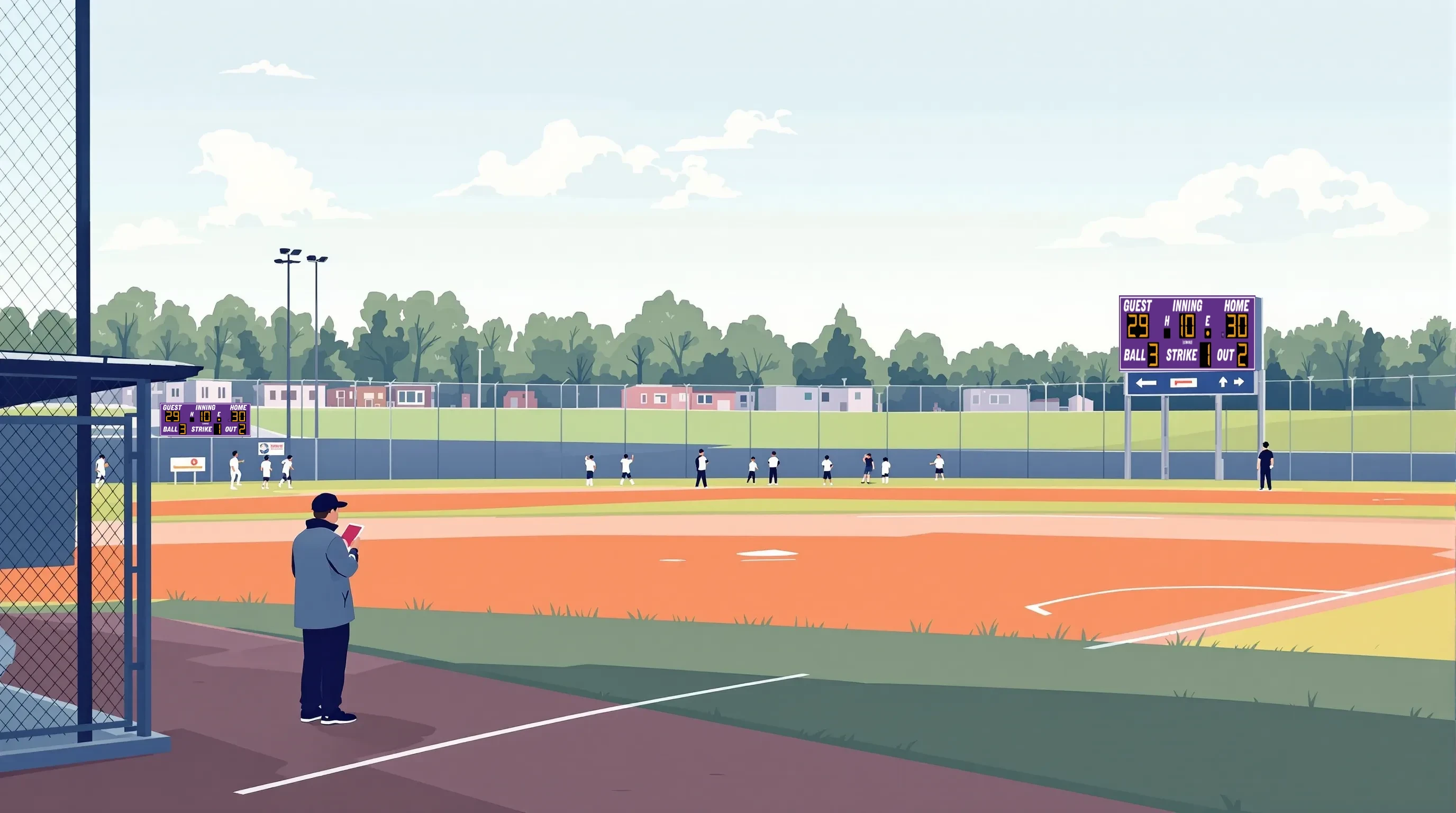 Flat vector illustration of a high school baseball field, coaches near dugout, distant scoreboard on steel posts behind the outfield fence