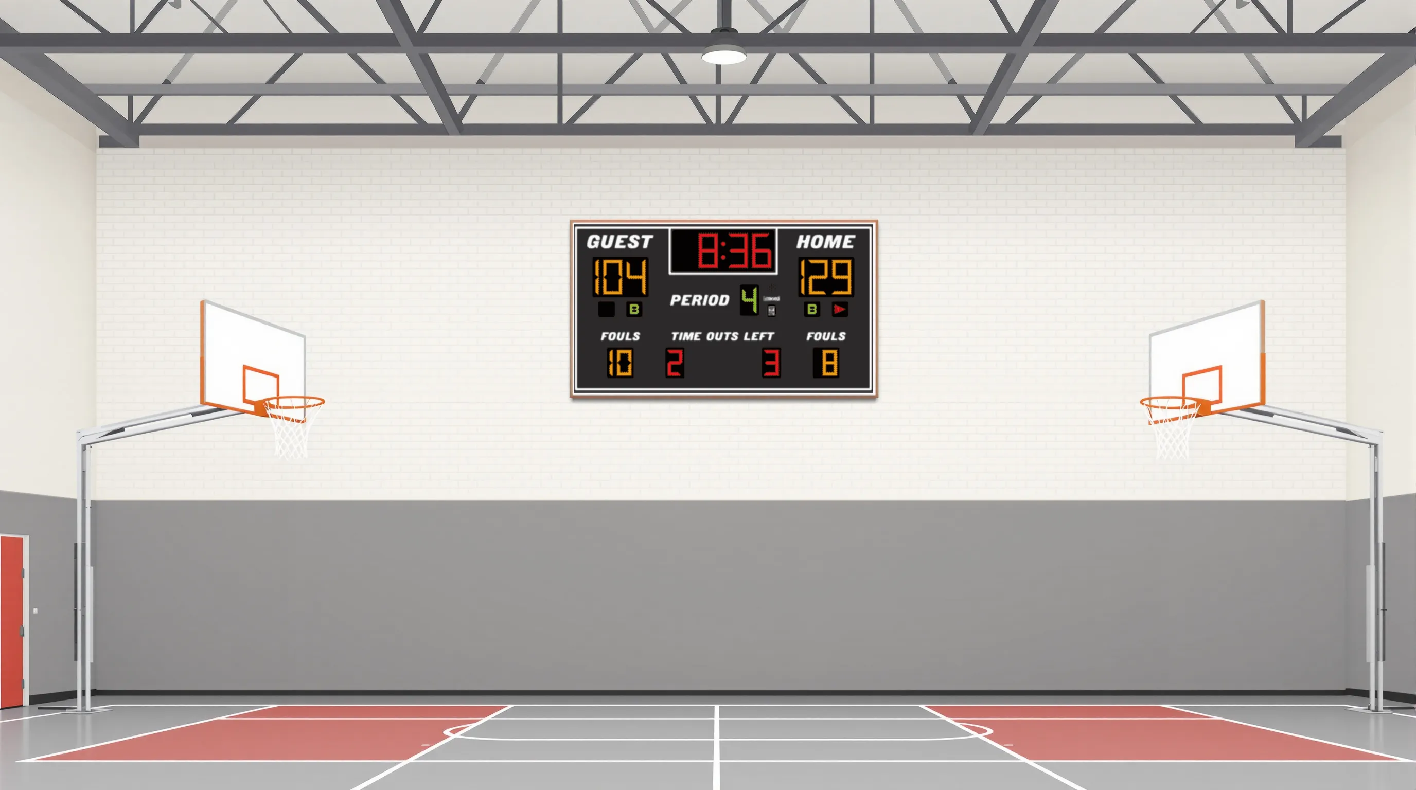 Flat 2D vector editorial illustration of a school gymnasium side view. A wall-mounted scoreboard cabinet in cardinal red is mounted high on the brick wall. Two adult figures below it, one pointing upward toward the cabinet. Clean flat shapes in cardinal red, white, and grey. No photorealistic shading, no readable text on the scoreboard face - only a faint even wash of red light across the digit panels. No phones, tablets, or handheld devices appear.