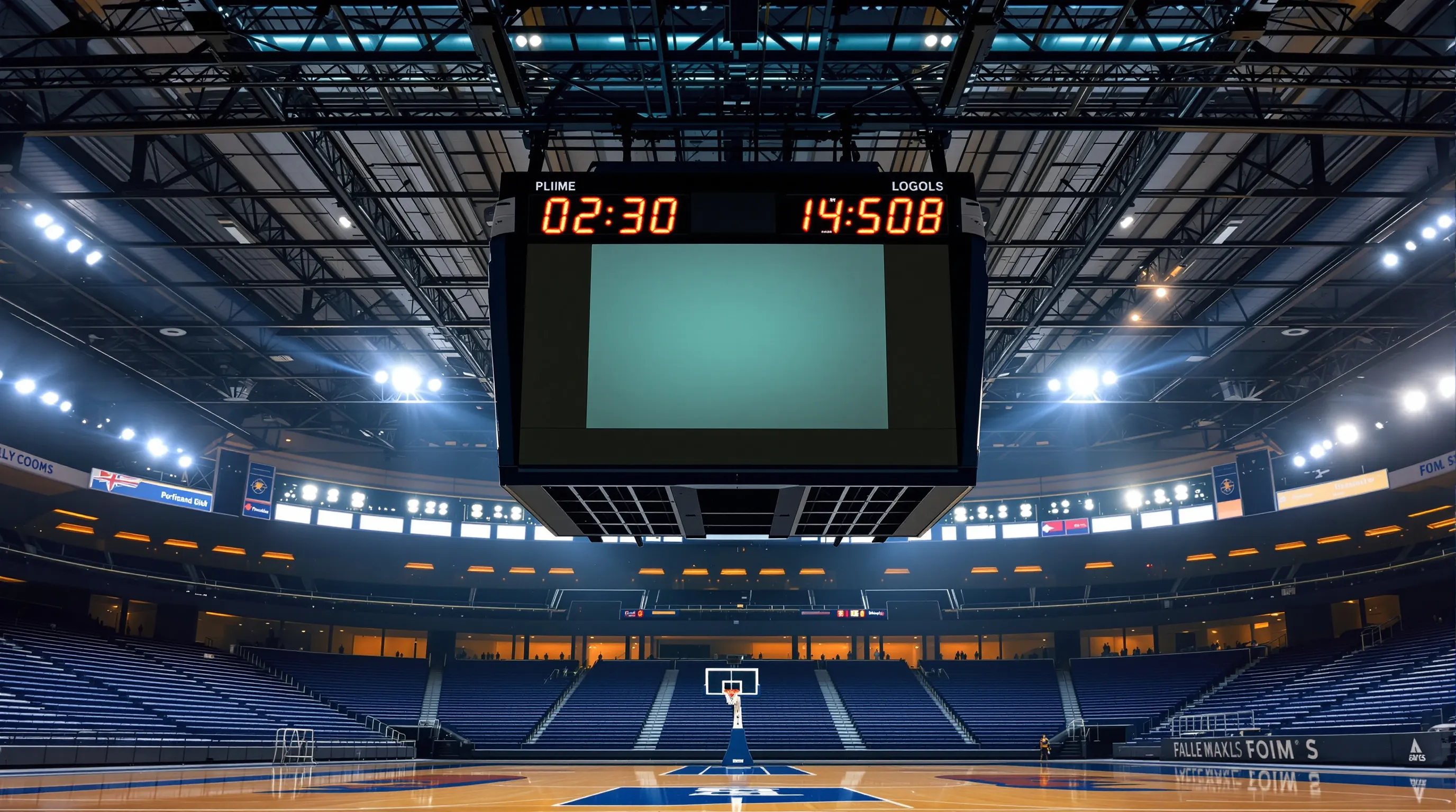 Four-sided center-hung LED scoreboard suspended over a multi-court arena