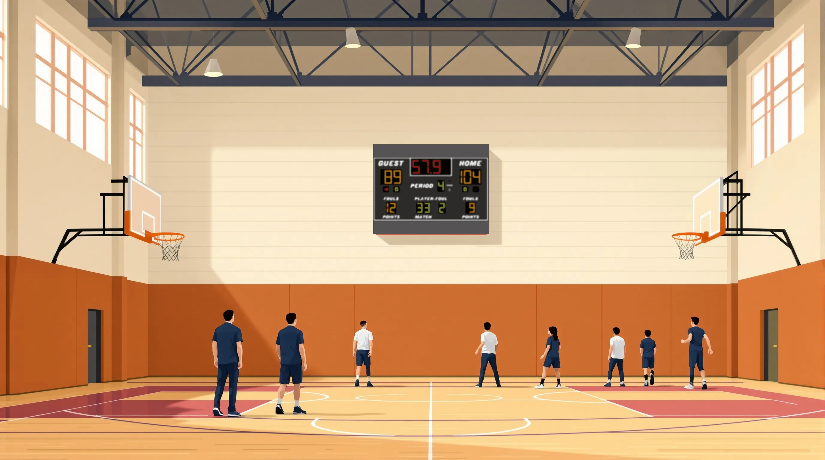Flat illustration of a Las Vegas school gym with an LX2655 basketball scoreboard high on the far end wall, two coaches at courtside and players running a drill.