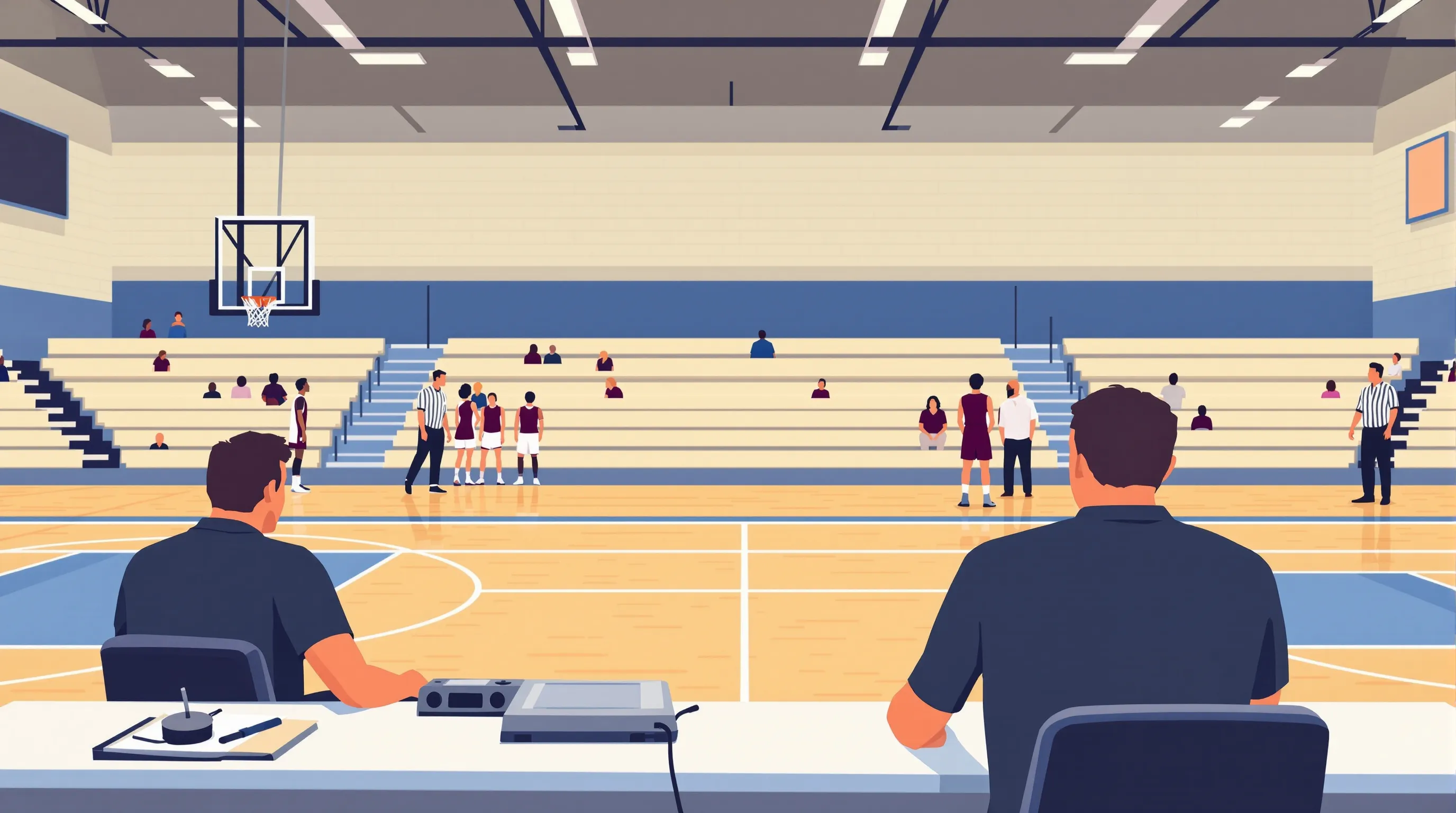 Flat illustration of two table officials at courtside in a Virginia high school gym, with referees and players near the free-throw lane.