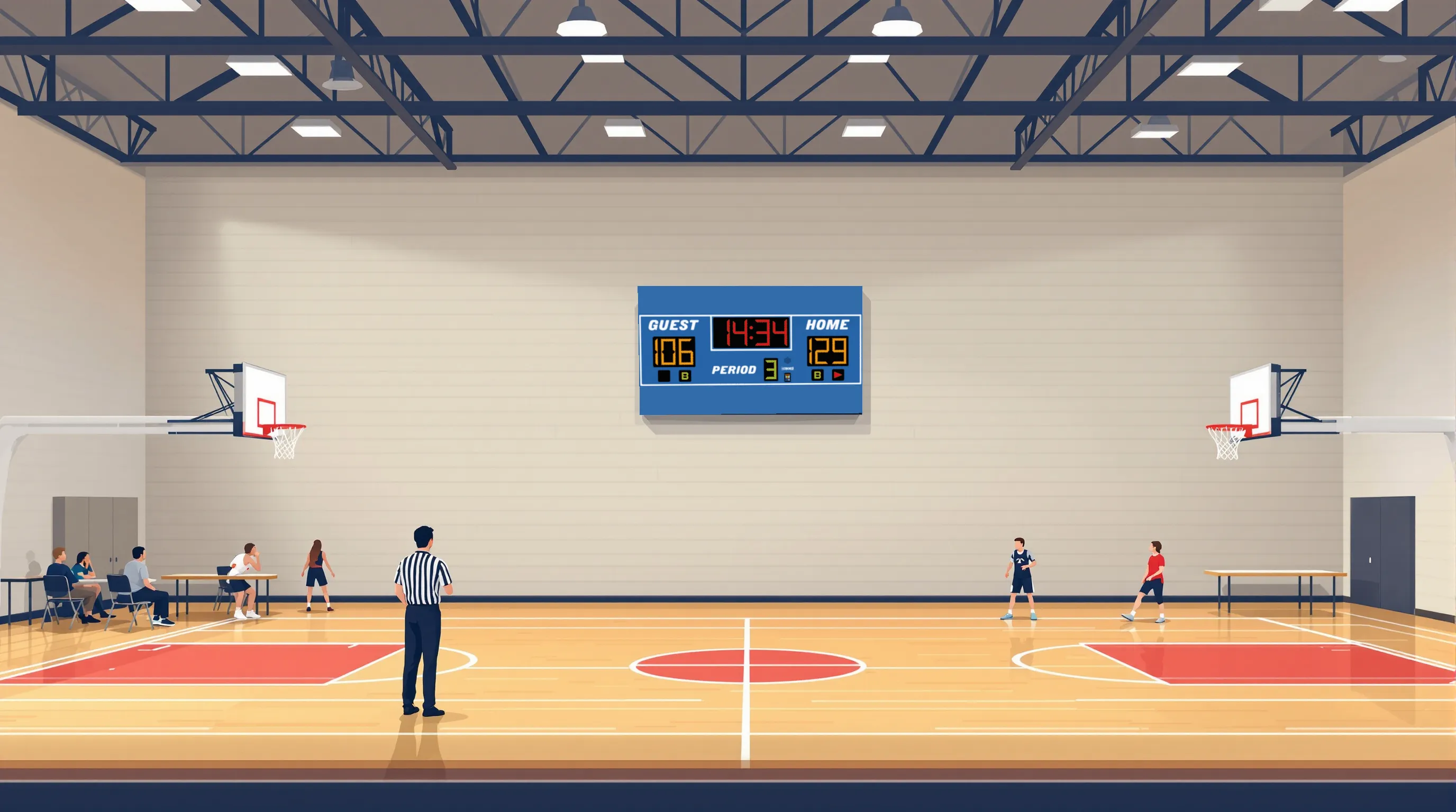 Illustration of a high school basketball game with a referee, a few players near the hoop and two adults at the scorer's table.