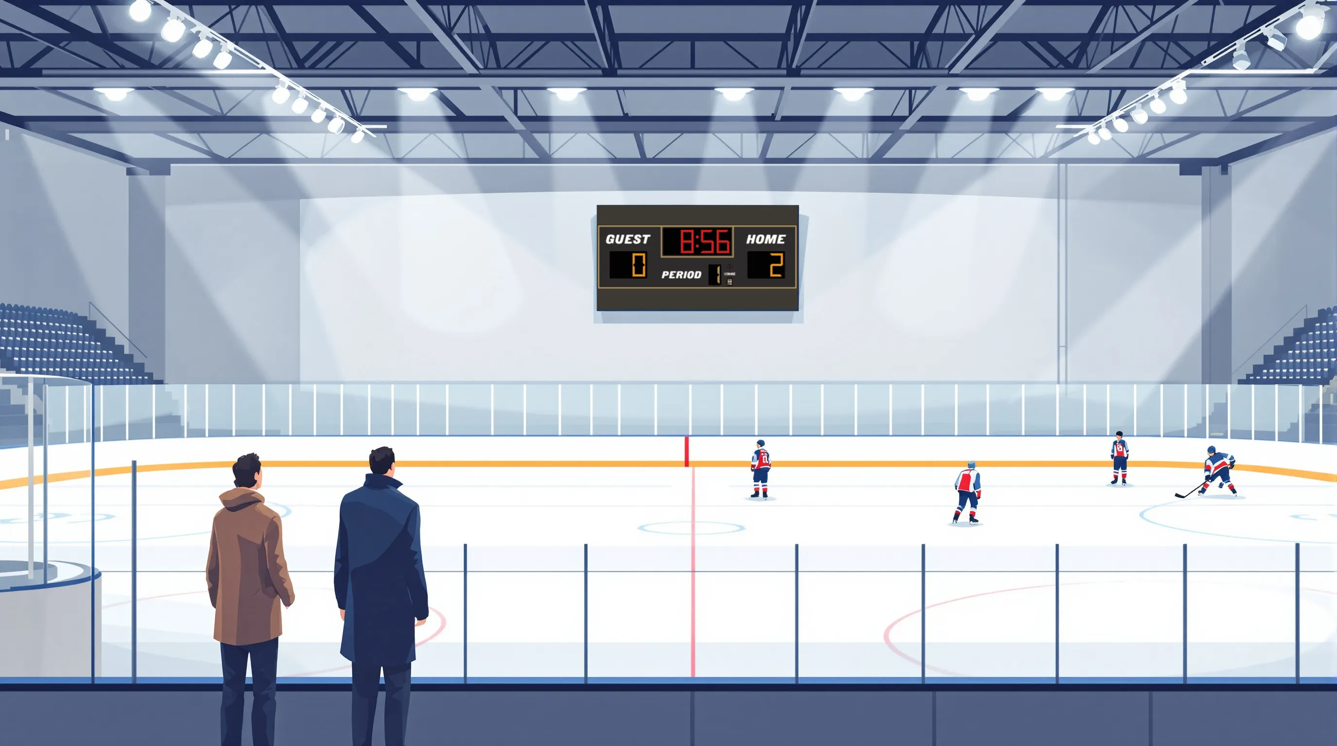 A flat 2D vector editorial illustration of the interior of an indoor ice hockey rink, viewed from just inside the glass at one end. Pale blue-white ice stretches toward the far end boards