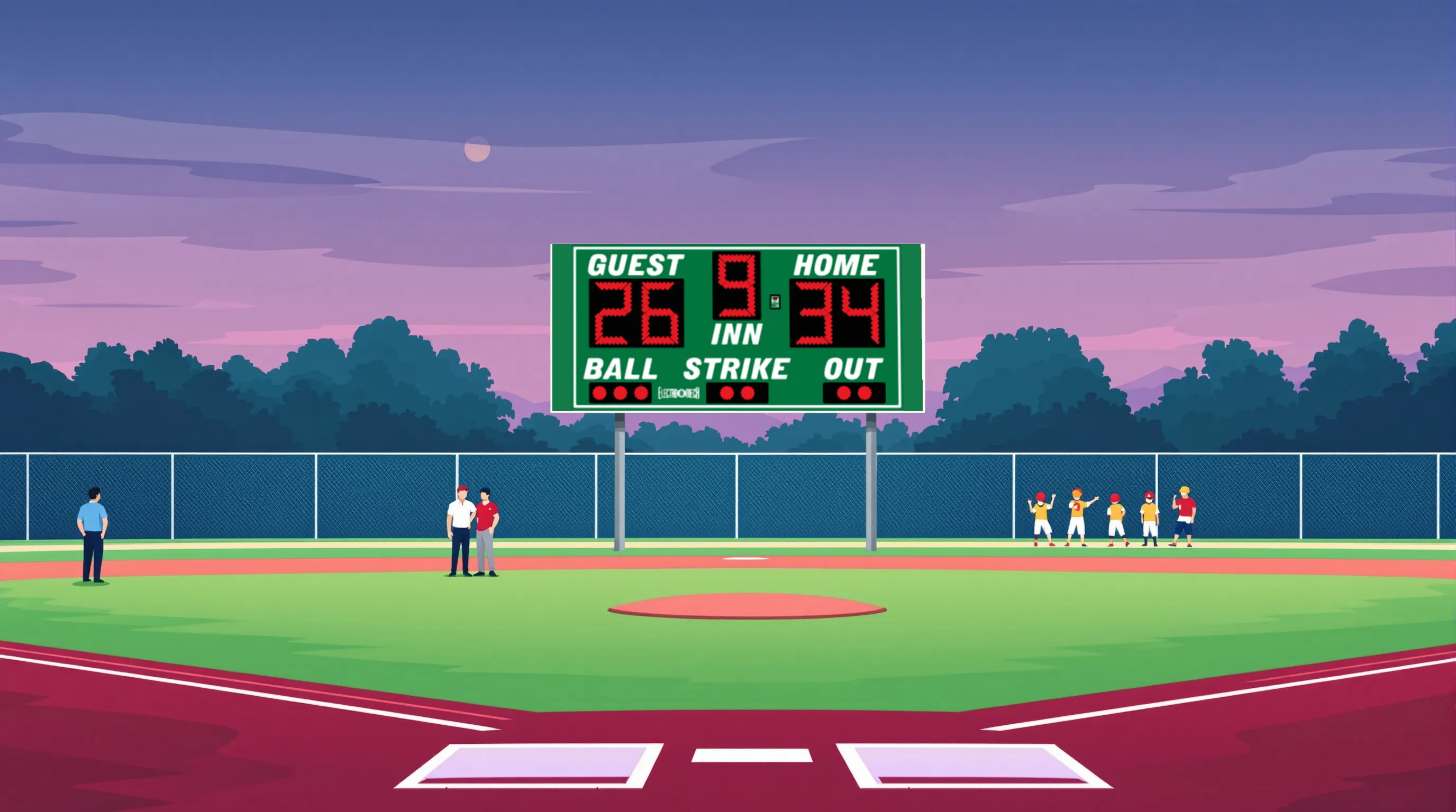 Youth baseball diamond with two adults near the dugout and a deep maroon scoreboard cabinet on steel poles beyond the left-field fence
