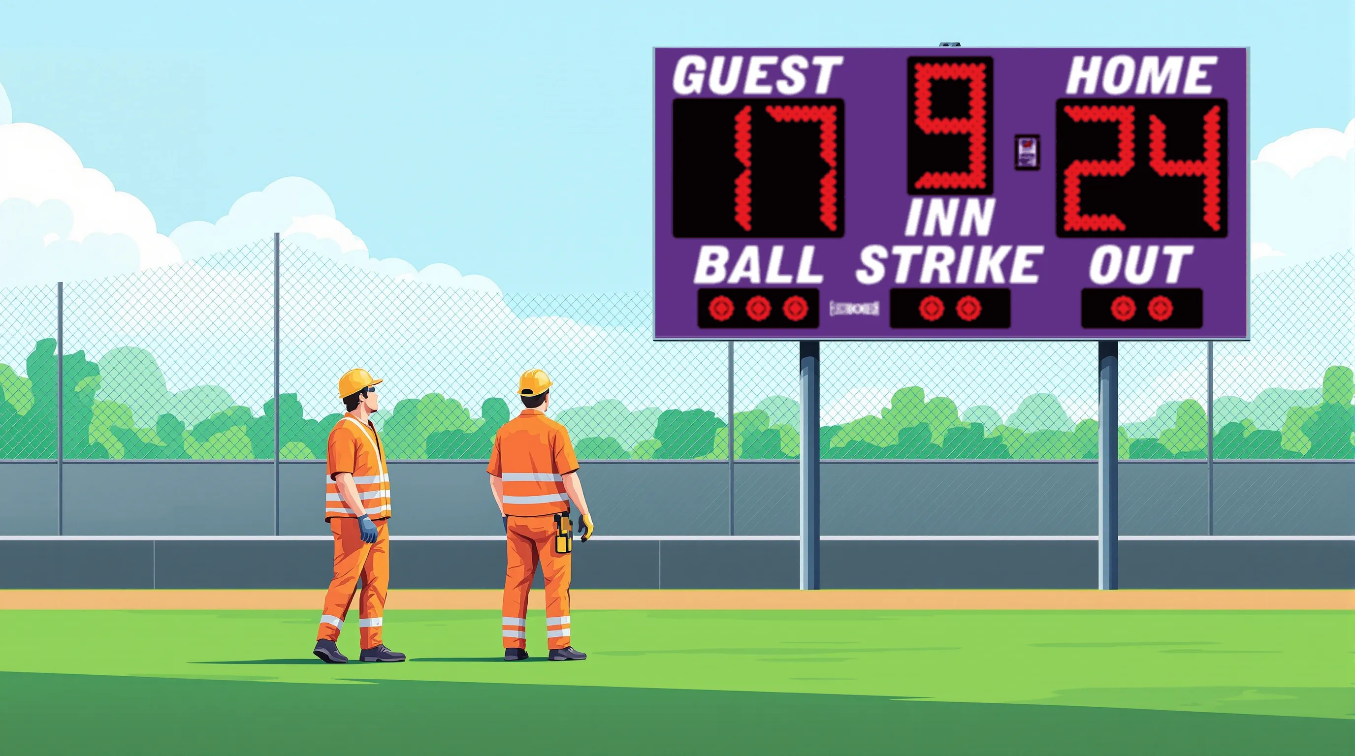 Two workers mounting an Electro-Mech scoreboard cabinet onto steel posts at a baseball diamond.