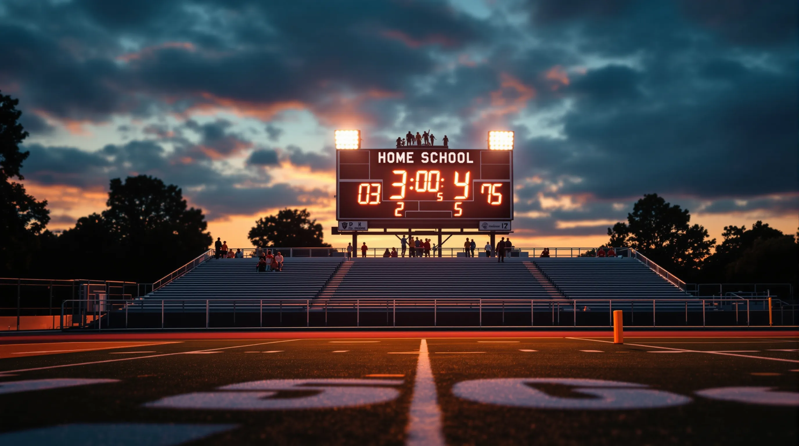 Illuminated LED football scoreboard displaying a score as viewed from home-side bleachers at dusk, illustrating how character height determines readability across stand depth