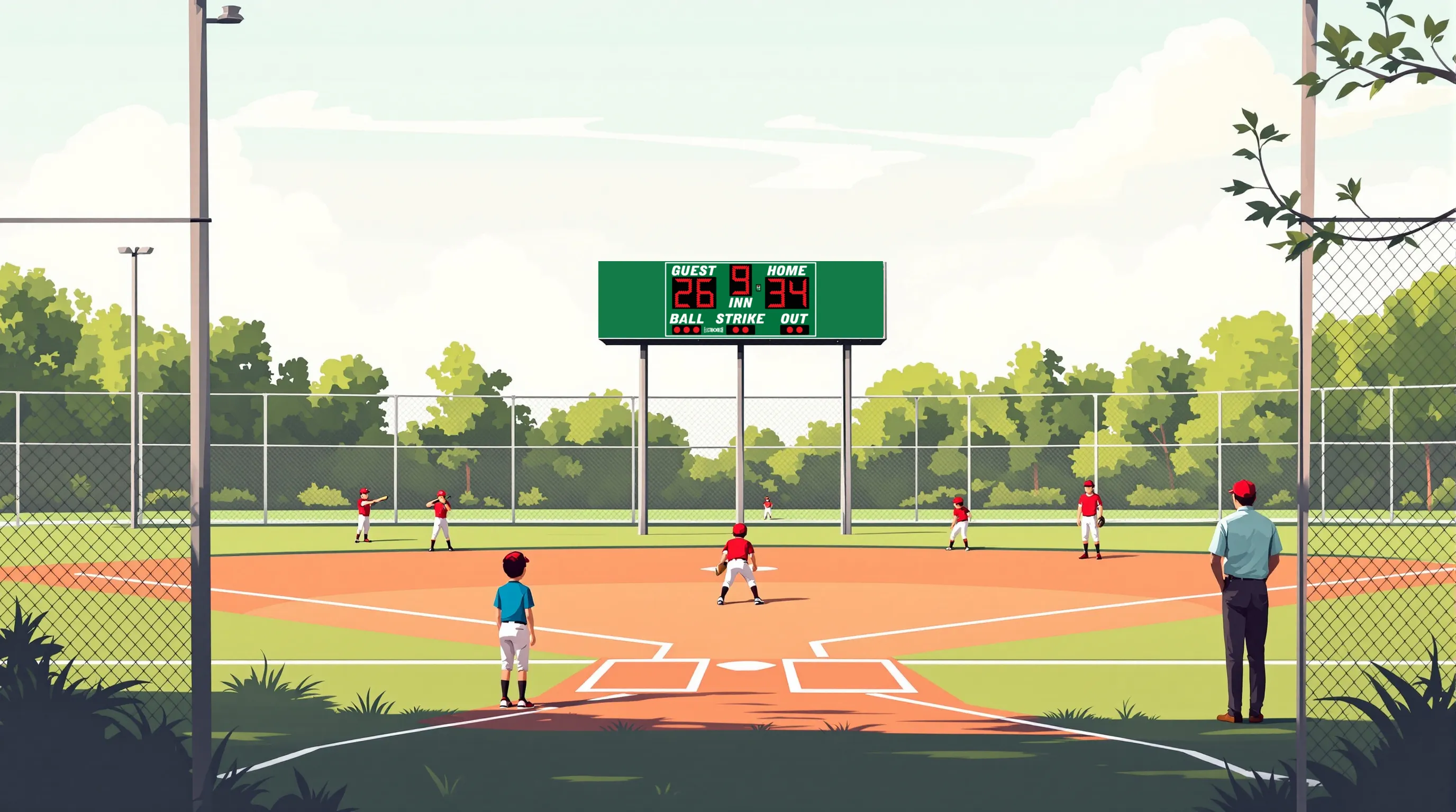 Flat 2D vector editorial illustration of a youth baseball complex in Mobile, Alabama: a diamond with a red dirt infield, a handful of players positioned on the field, two adults on the first-base side watching play, a scoreboard on two steel poles behind the outfield fence painted cardinal red, showing a faint even wash of amber light