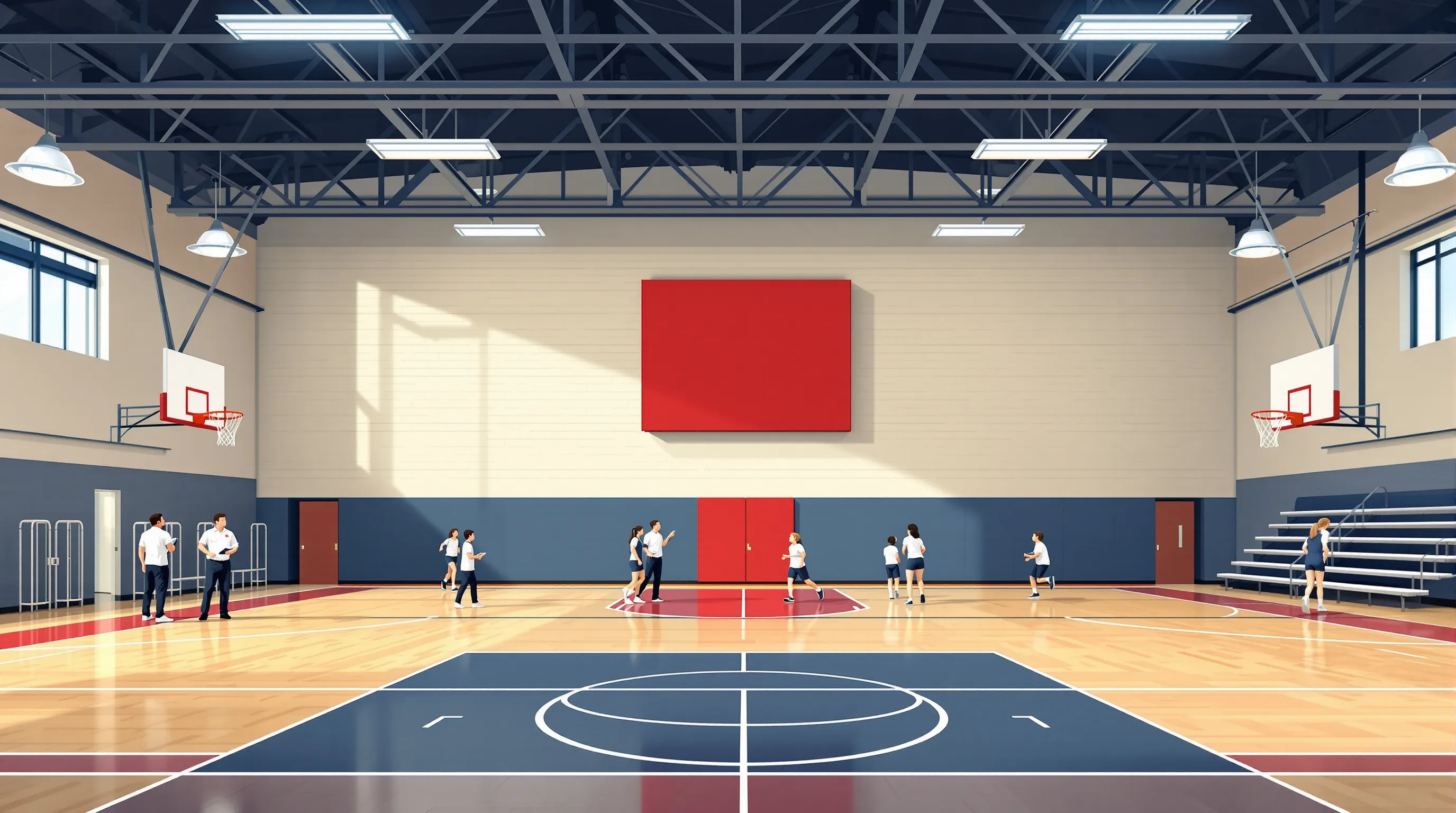 Interior of a high school gymnasium with an indoor scoreboard on the far end wall, flat 2D vector editorial illustration