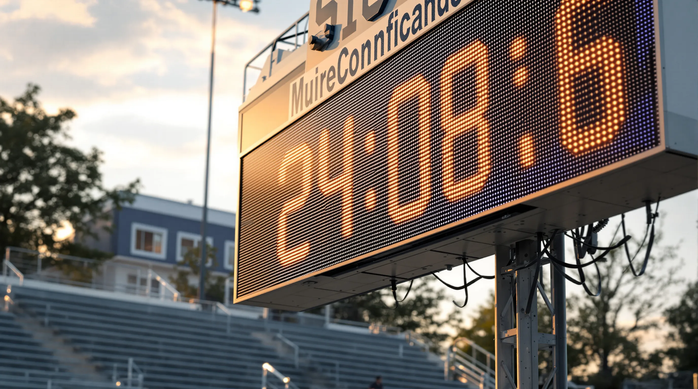Weatherproof outdoor LED scoreboard on a freestanding structure showing bright daylight-readable digits