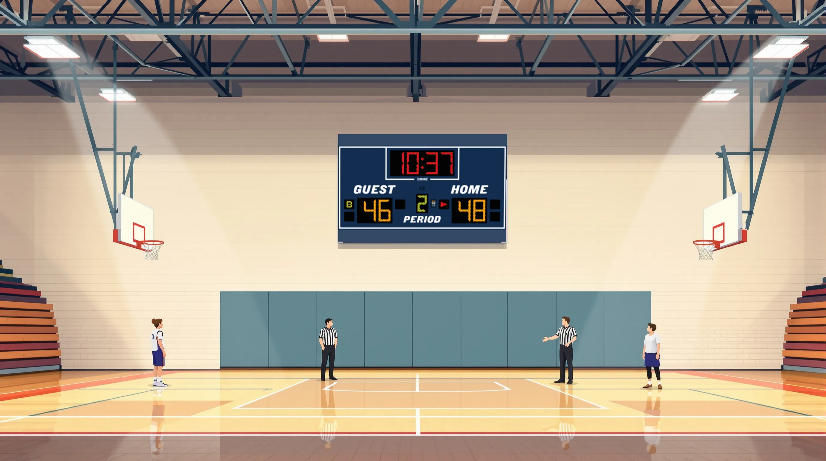 Indoor basketball gymnasium with a wall-mounted scoreboard on the far end wall