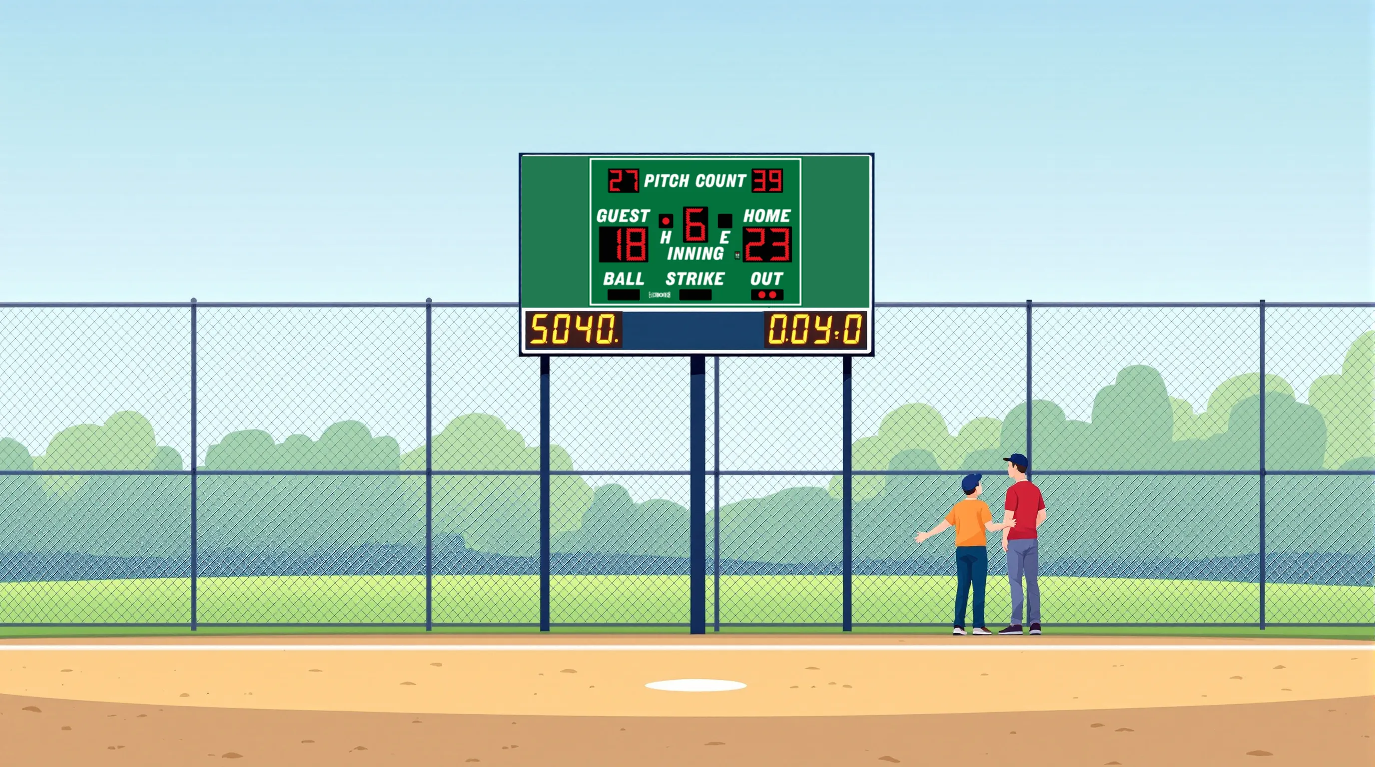 A Little League baseball field outfield view with a scoreboard on two steel poles behind the fence, cabinet painted deep navy, face showing a faint amber wash