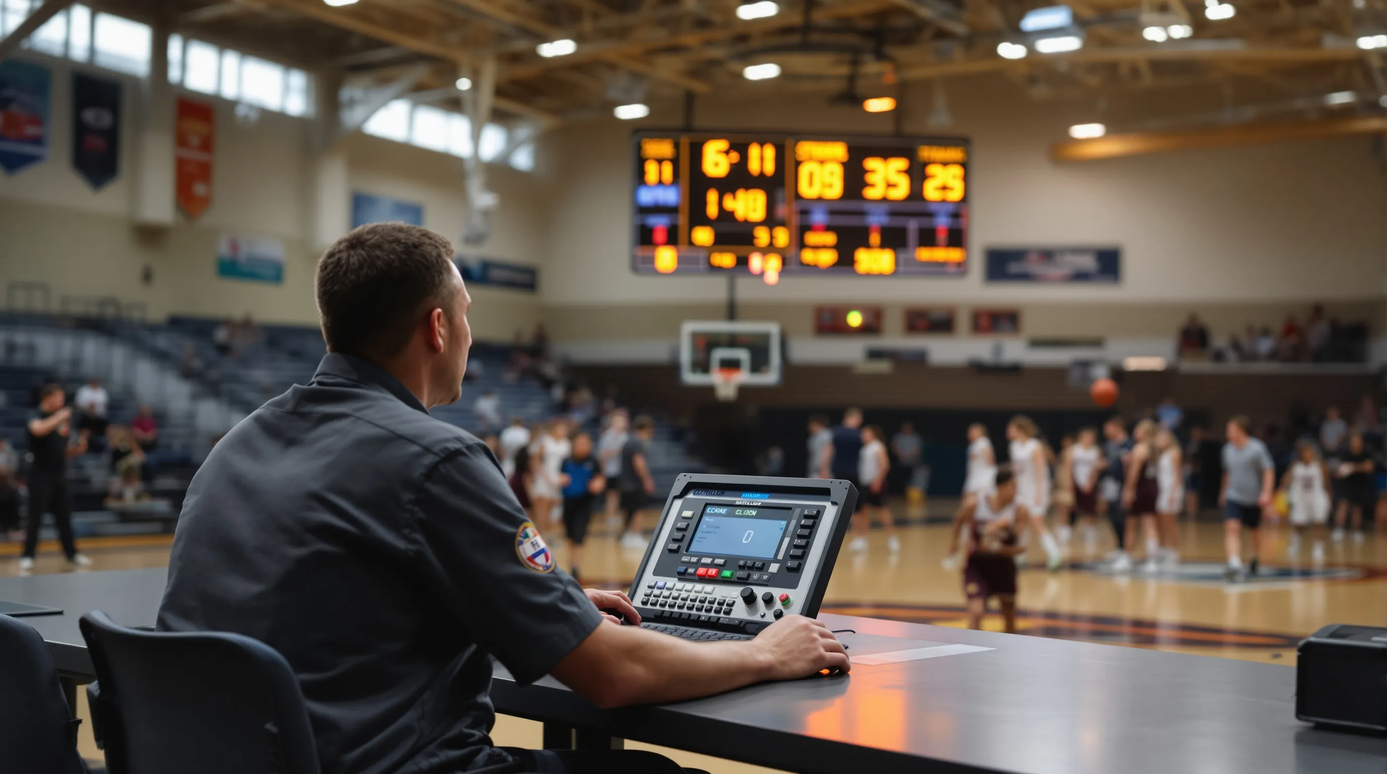 Shot clock operator at a scorers table in a basketball gymnasium managing the controller console