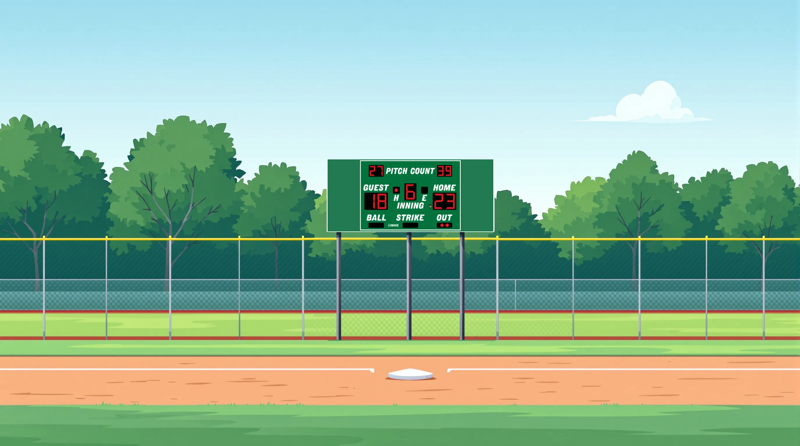 A baseball field with an LX1160 scoreboard on three steel posts behind the outfield fence, showing the pitch count, the score and the inning