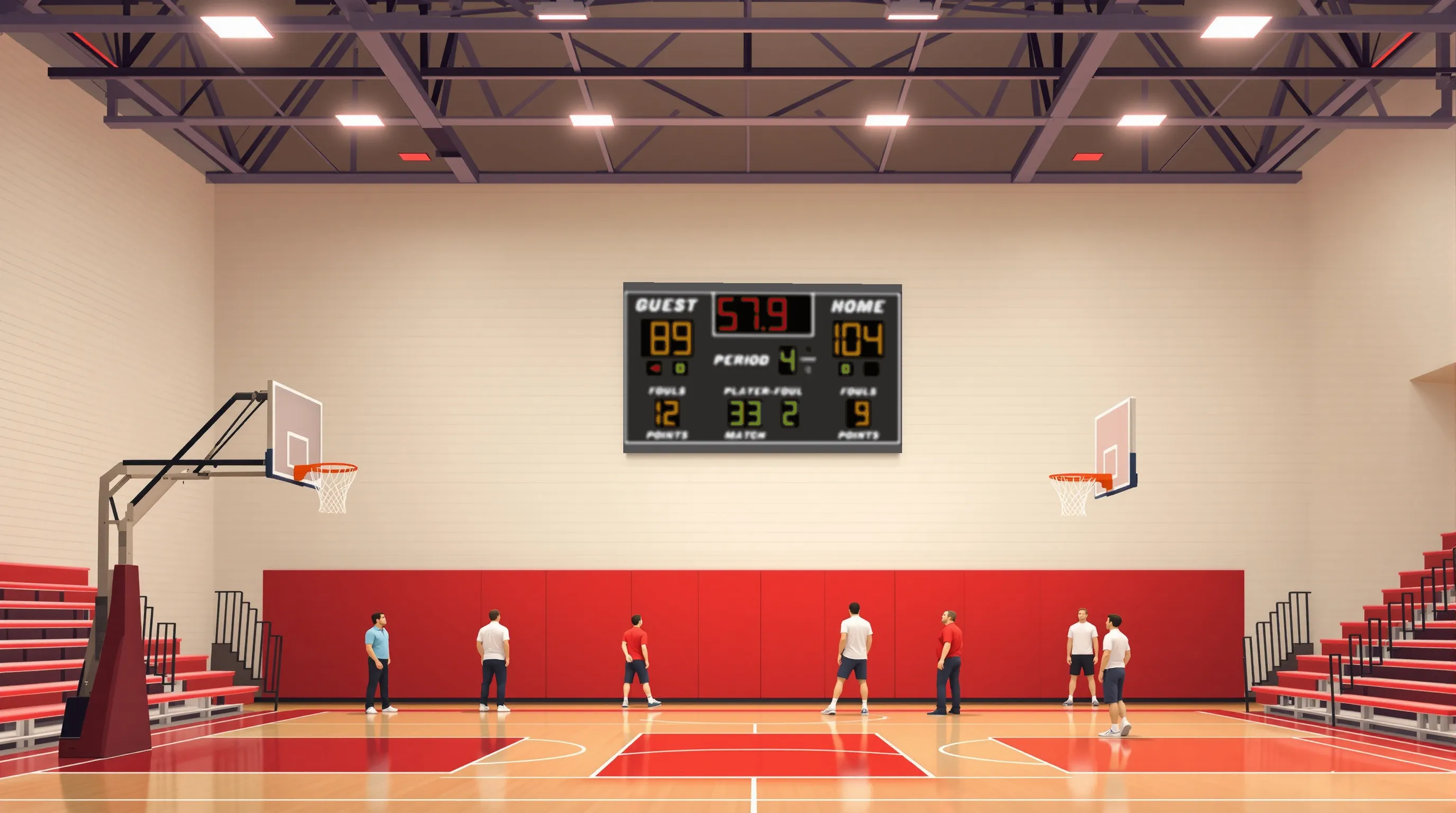 High school gymnasium with a wall-mounted basketball scoreboard and players warming up