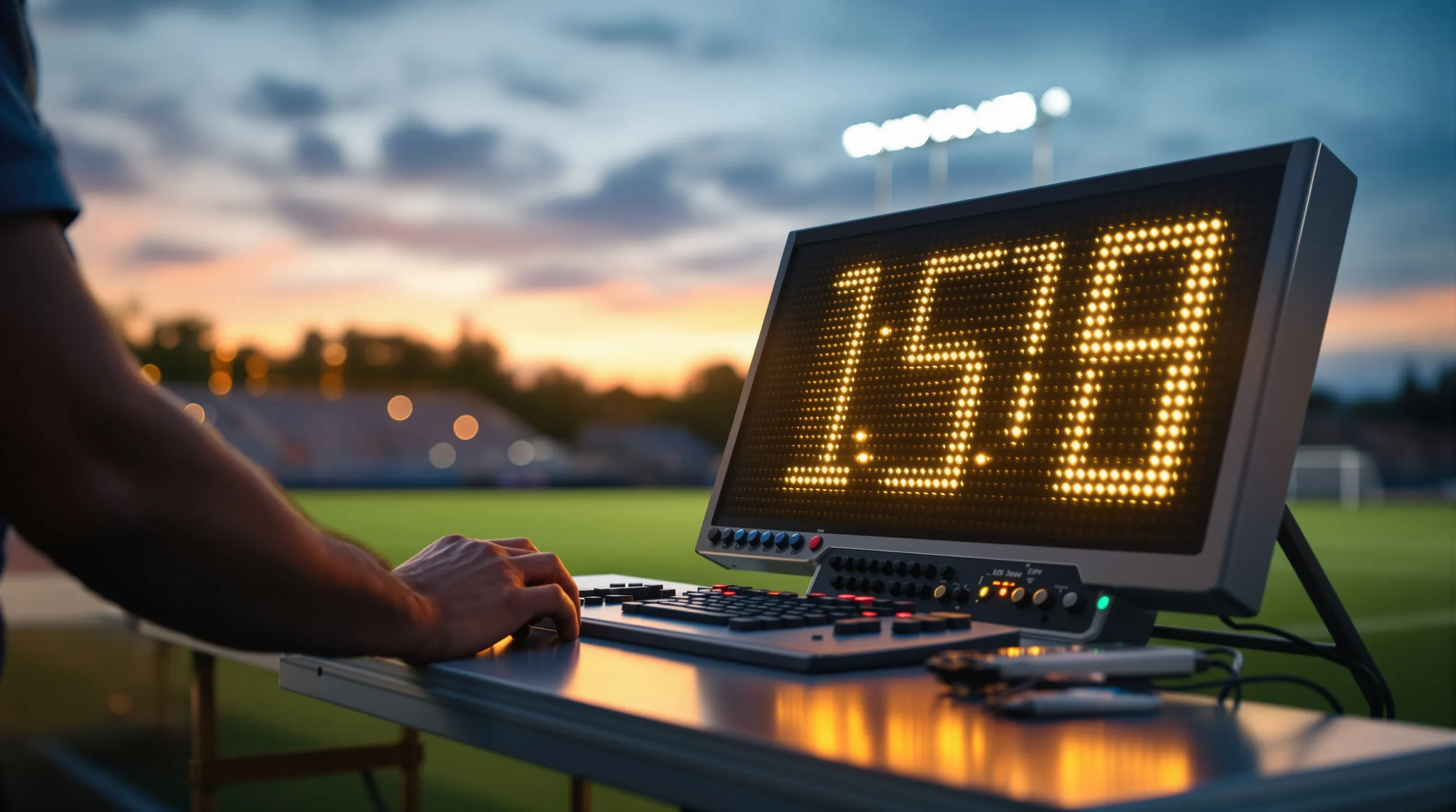 Scoreboard operator at a controller console on the sideline of a multi-use soccer and lacrosse field