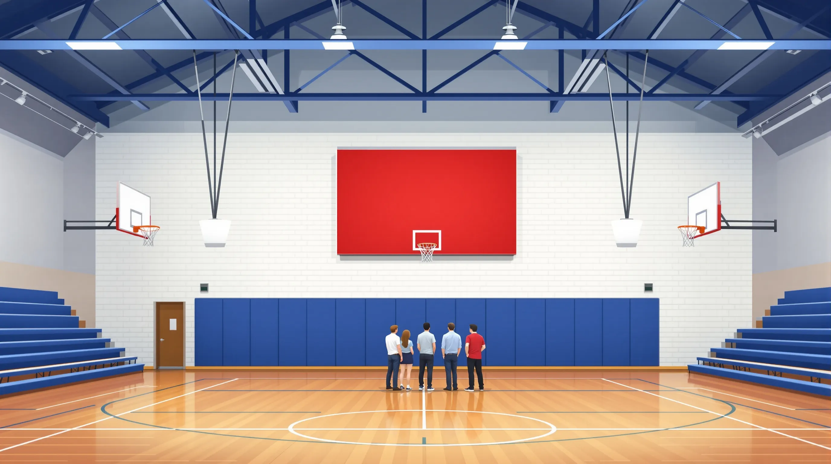 Interior of a high school gymnasium with bleachers and a small wall-mounted fixed-digit scoreboard at the far end, illustrated in flat 2D vector style
