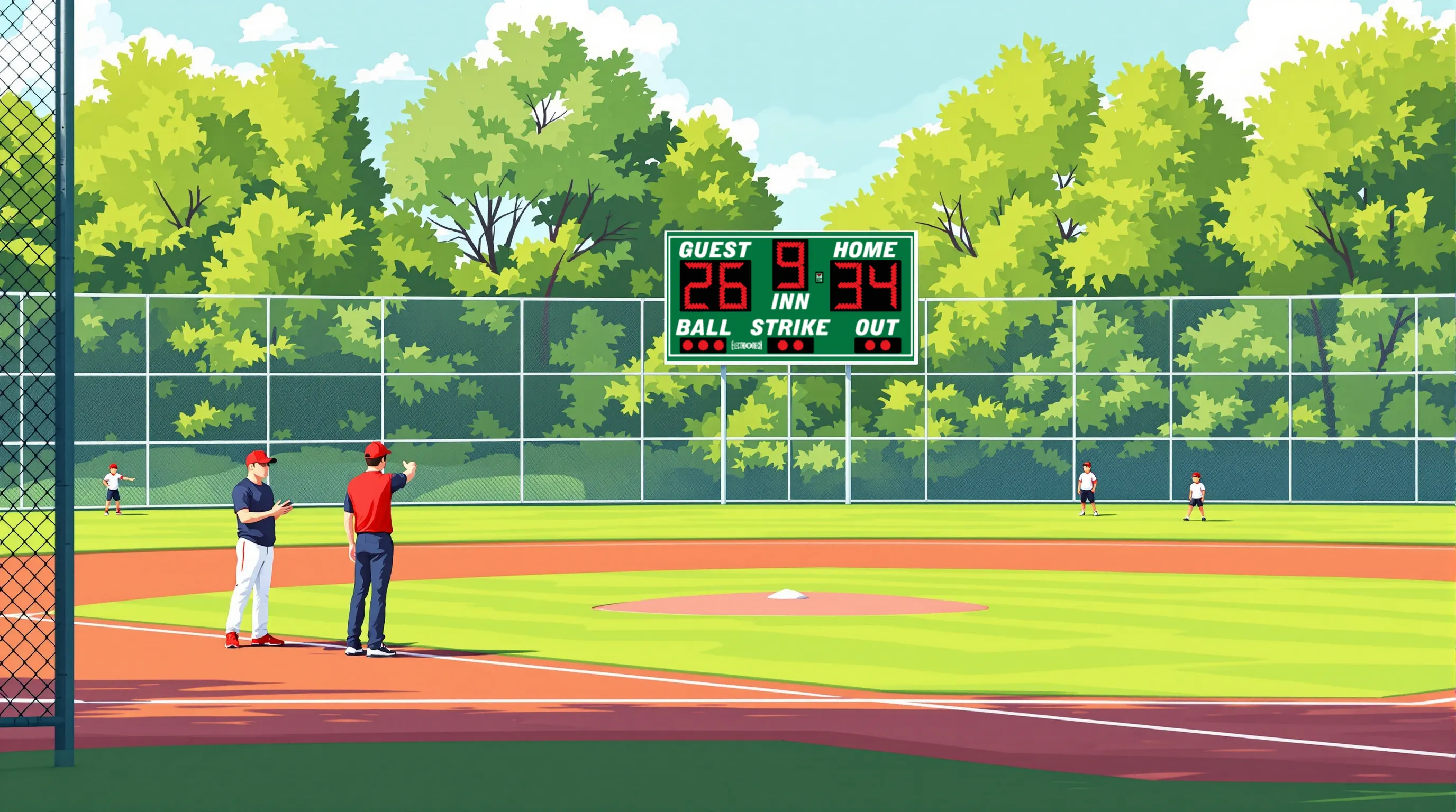 A flat 2D vector editorial illustration of a youth baseball field in afternoon light: red clay infield, green outfield grass, chain-link backstop in the foreground. Two coaches stand near the third-base line talking; three players are scattered in the outfield. Far back beyond the right-field fence, two steel poles support a small scoreboard cabinet painted cardinal red, its face showing a faint even wash of amber light. No text readable anywhere in the scene.