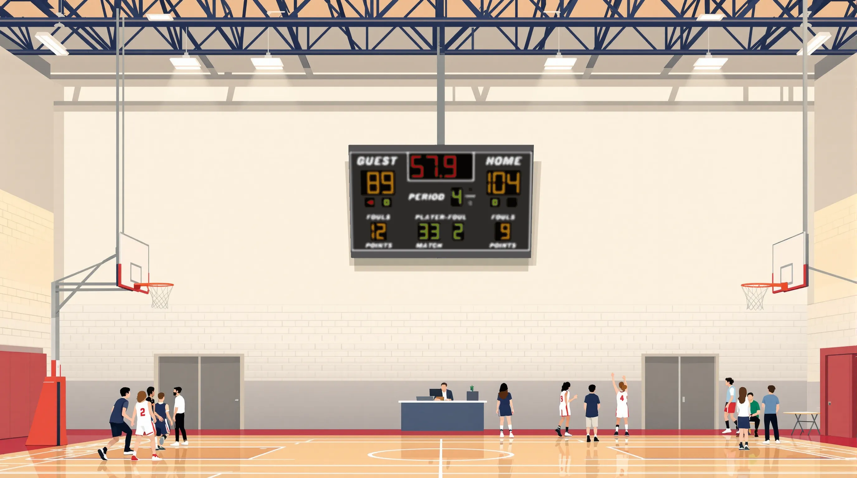 Flat 2D vector editorial illustration of a high school gymnasium interior during a basketball game