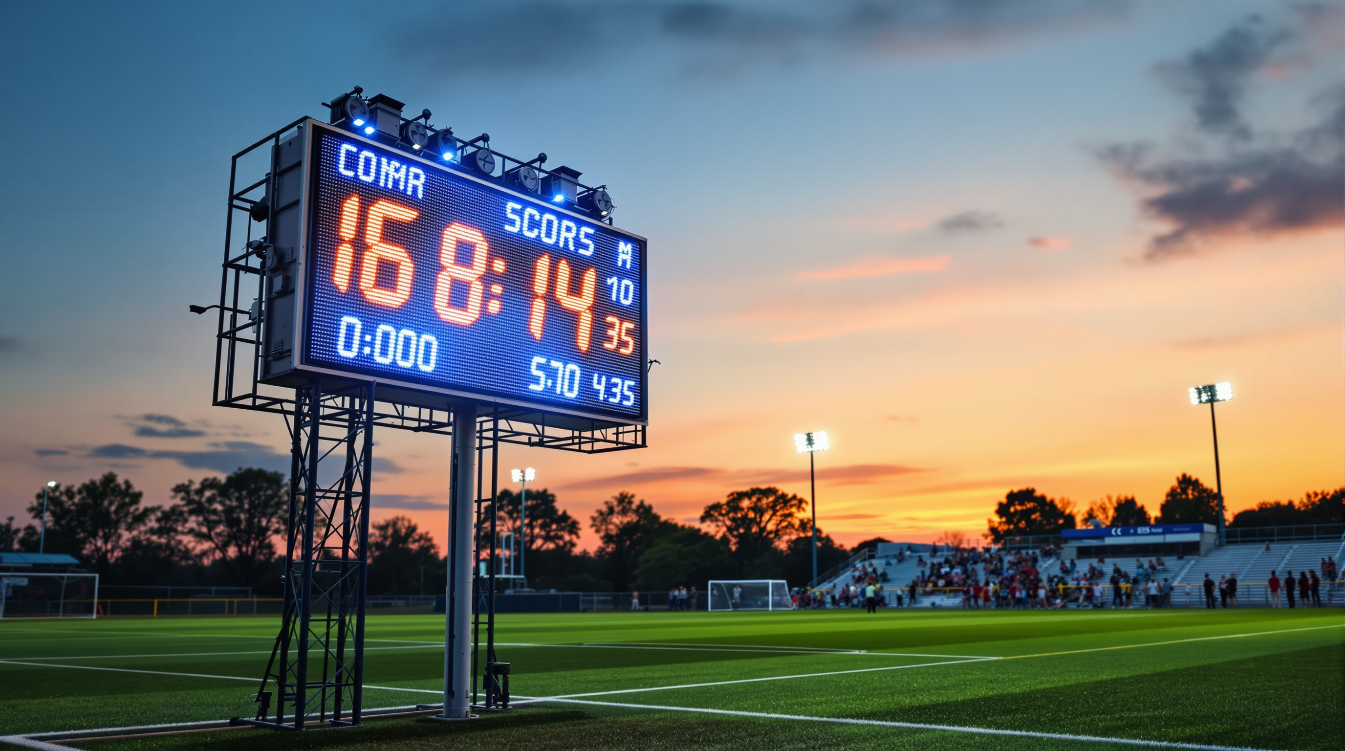 Outdoor LED soccer scoreboard at a high school athletic field displaying score and game clock at dusk
