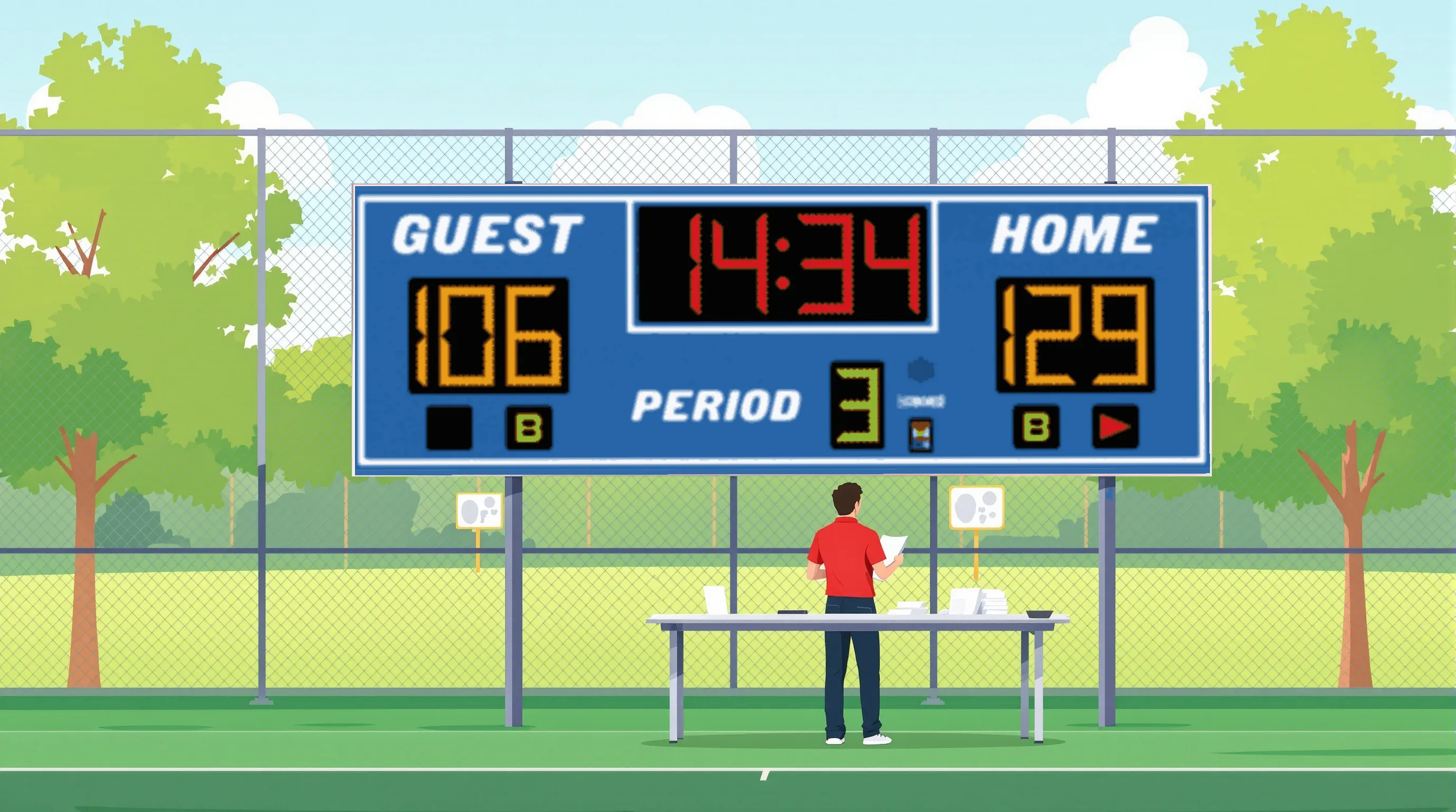 Far behind the boundary and outside the field of play stands exactly ONE scoreboard cabinet, a wide flat rectangle twice as wide as tall painted cardinal red, carried on TWO separate straight steel poles planted in the