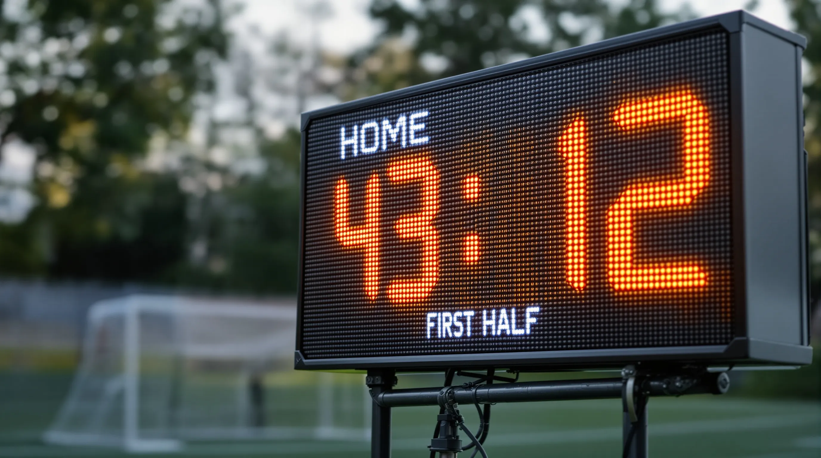 Close-up of LED soccer scoreboard showing score digits, count-up game clock at 43:12, and first-half period indicator