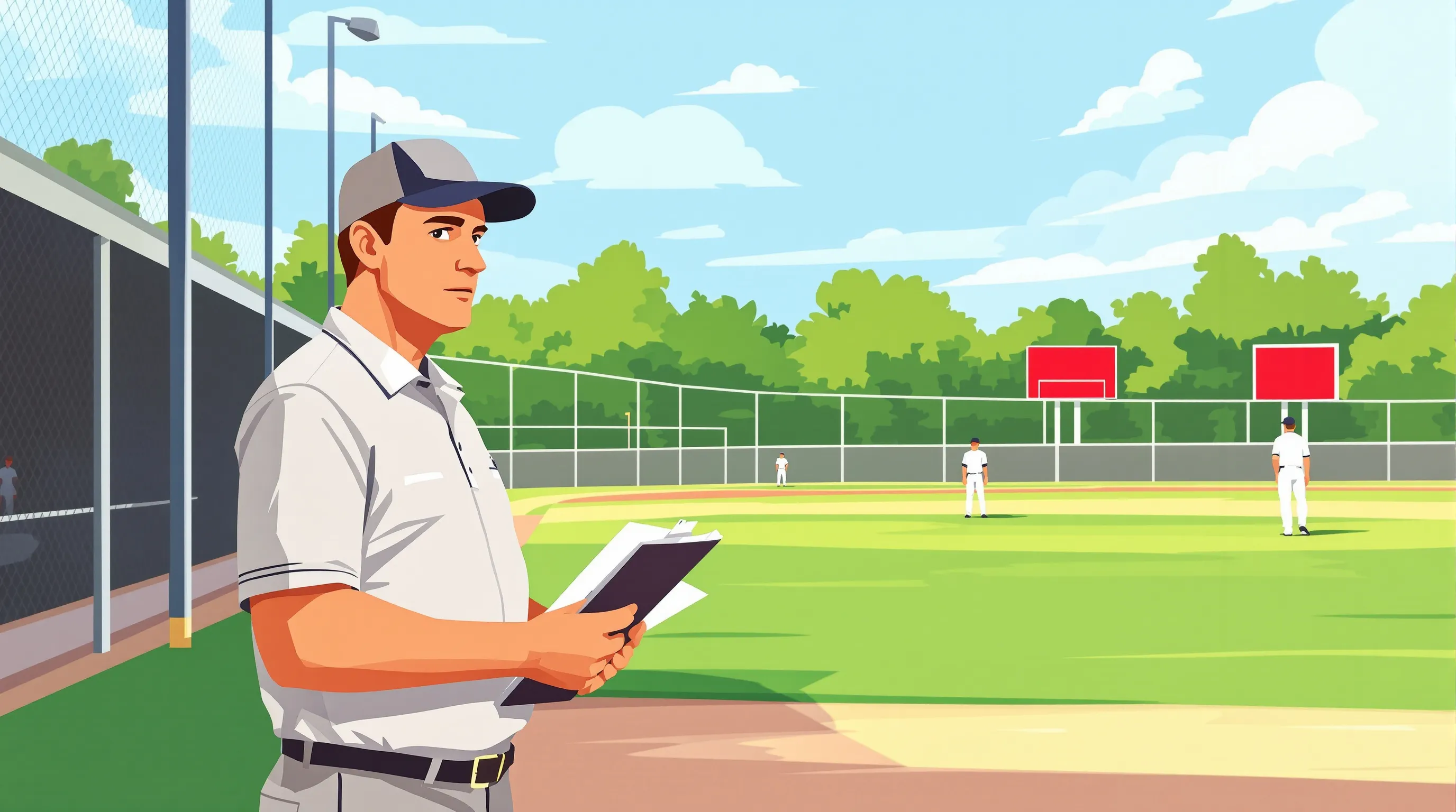 Illustration of an athletic director with a clipboard at a Florida high school baseball field, scoreboard visible in the far background.