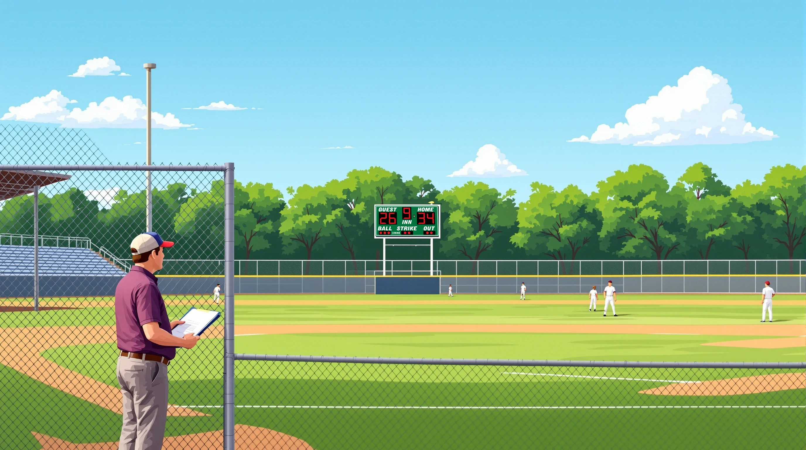 Illustration of an athletic director with a clipboard at a Florida high school baseball field, scoreboard visible in the far background.