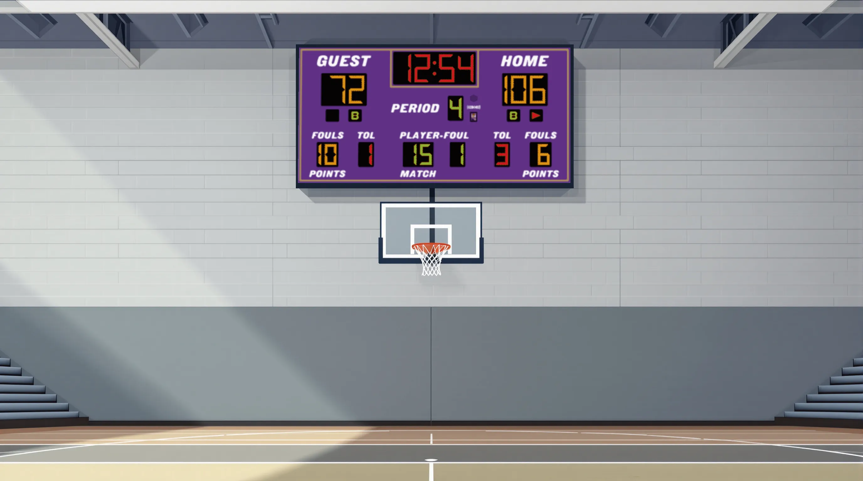 Flat vector illustration of a gymnasium interior with a wall-mounted scoreboard in deep green at a multi-sport athletic facility