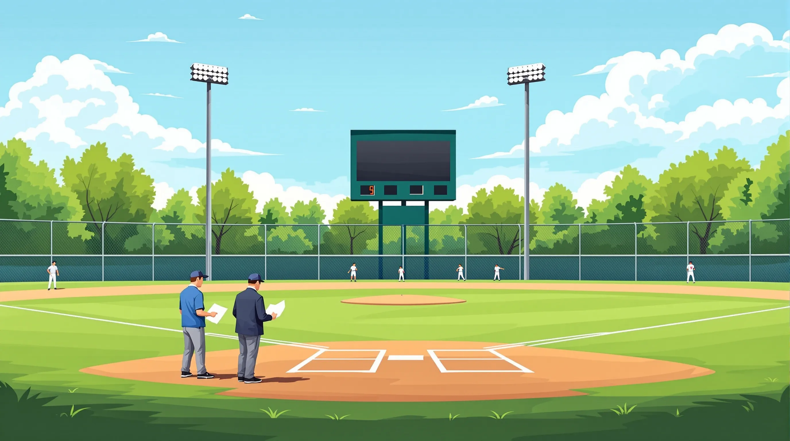 Flat 2D vector illustration of a North Carolina high school baseball diamond with coaches, outfield players, and a forest green scoreboard on two poles beyond the fence