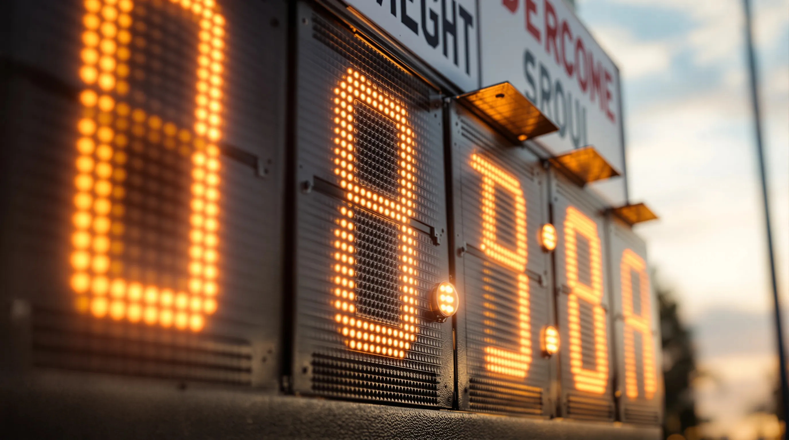 Close-up of louvered aluminum anti-glare hooding mounted over amber LED digit panels on an outdoor baseball scoreboard