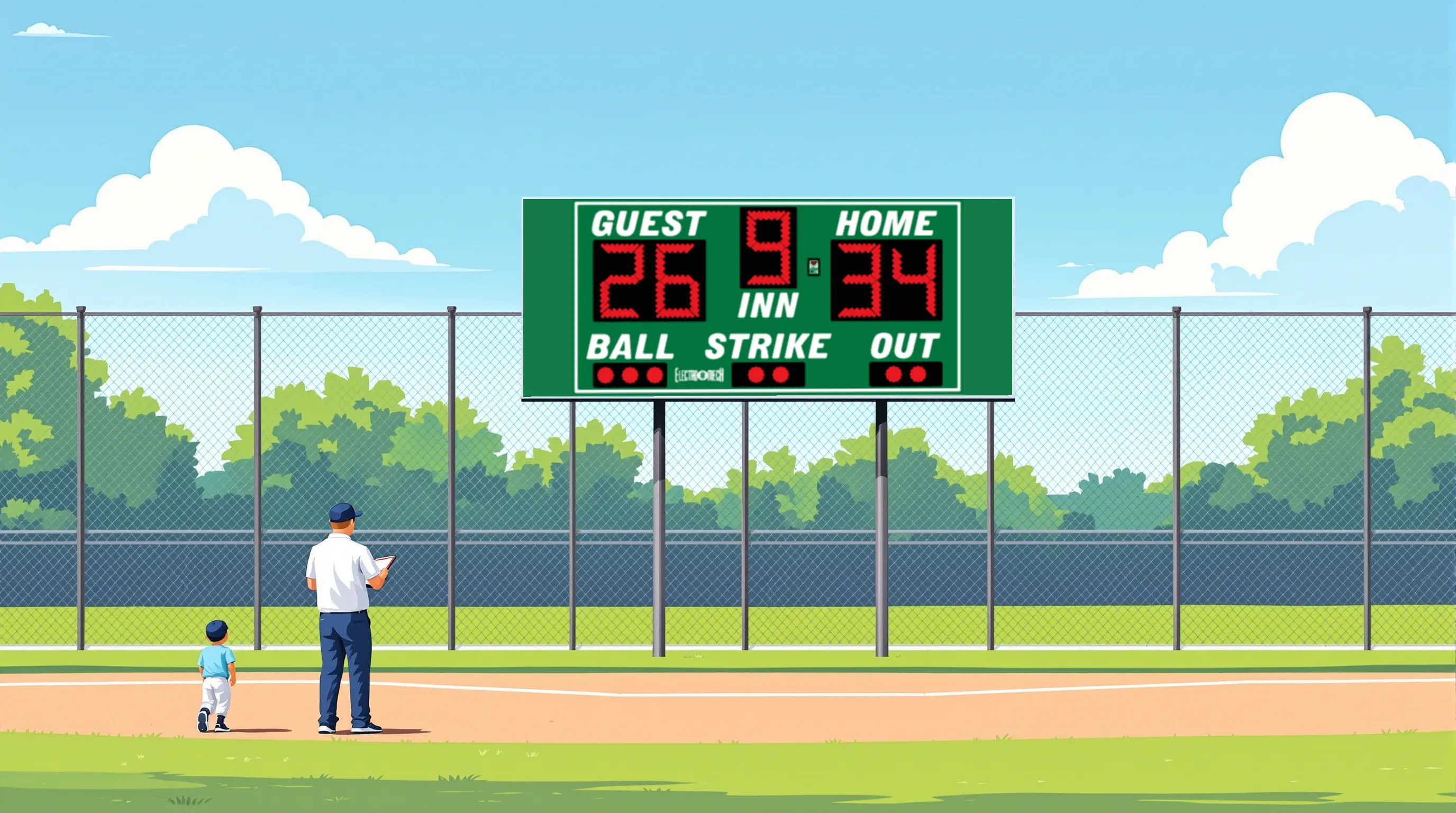 Illustration of a youth baseball diamond with a small red scoreboard display on two steel posts behind the outfield fence