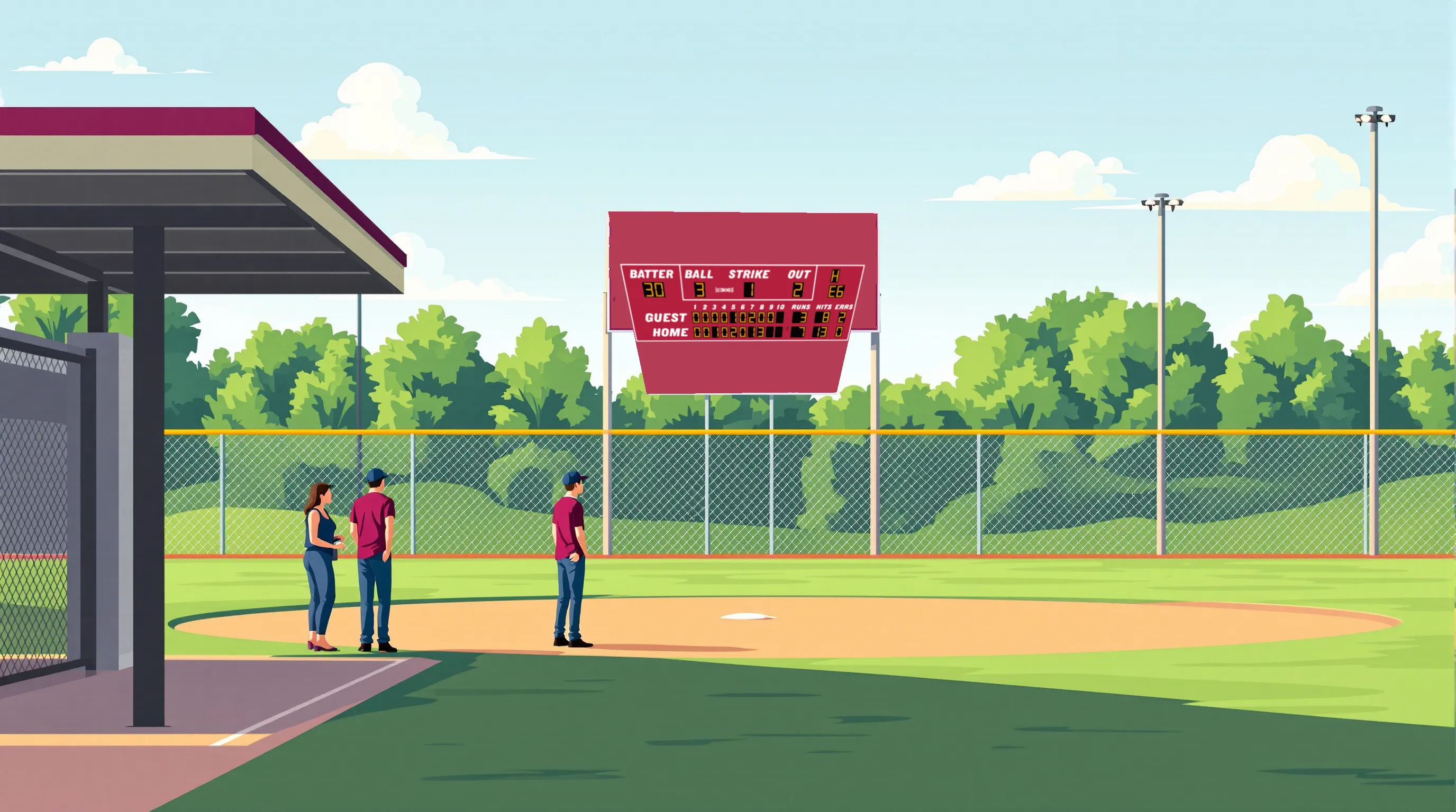 Two adults at a high school baseball diamond with a maroon scoreboard mounted on two steel poles behind the outfield fence