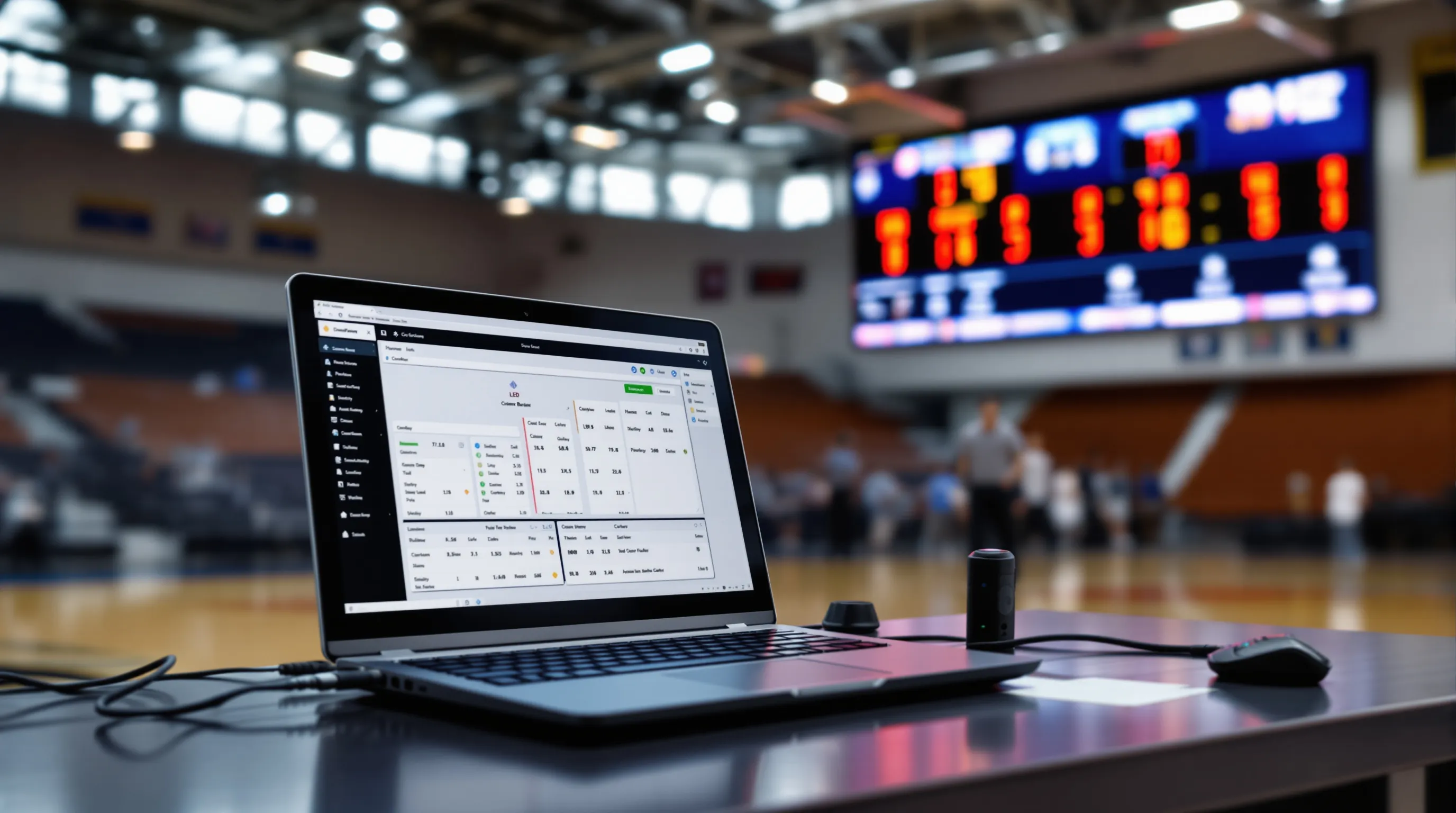Wireless scoreboard control laptop at the scorer's table in a high school basketball gym