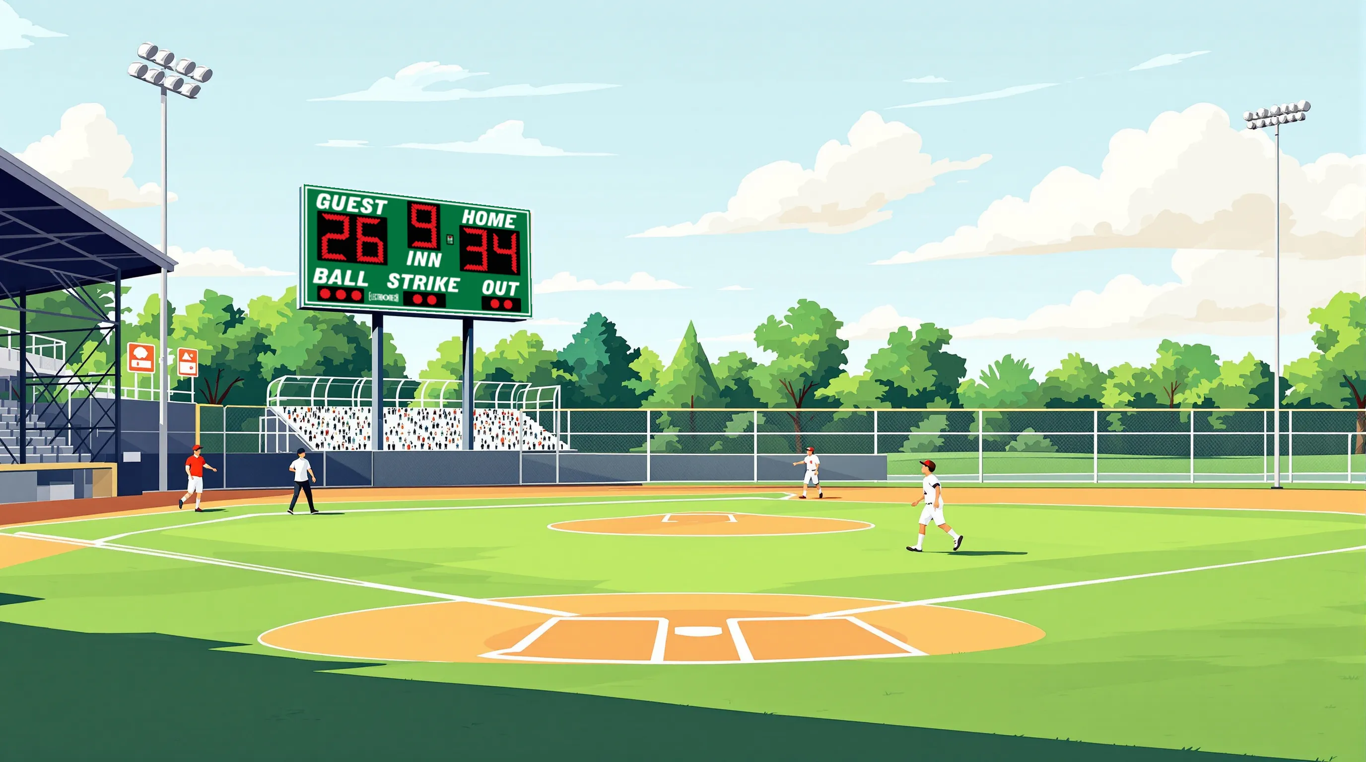 Flat 2D vector editorial illustration of a youth baseball diamond at afternoon light from the third-base dugout angle, green outfield grass with chalk baselines, a groundskeeper and an athletic director in polo shirts walking the warning track, two players in white jerseys warming up in the infield; far beyond the outfield fence a narrow rectangular cabinet in deep navy blue on two steel posts, its face a faint even wash of red light across a row of small glowing slots, no readable text anywhere, clean flat 2D graphic shapes, no photorealism, no cameras, no phones