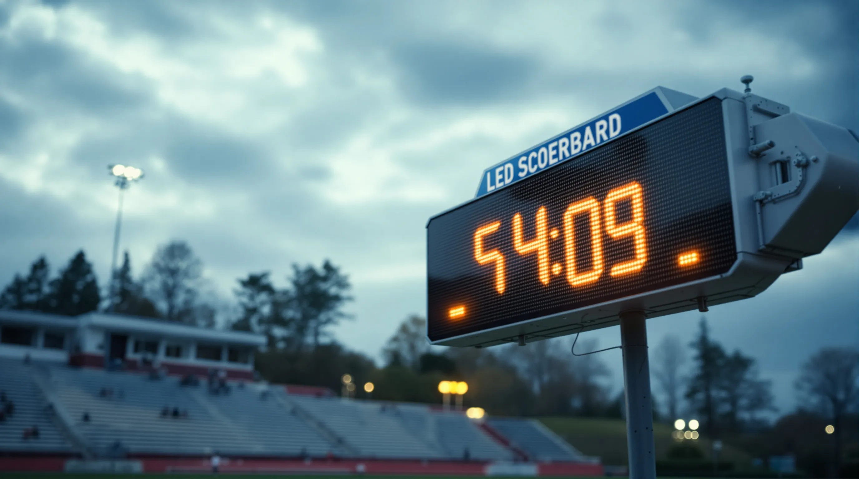 Close-up of large LED scoreboard digits showing how digit height drives readability across a soccer field