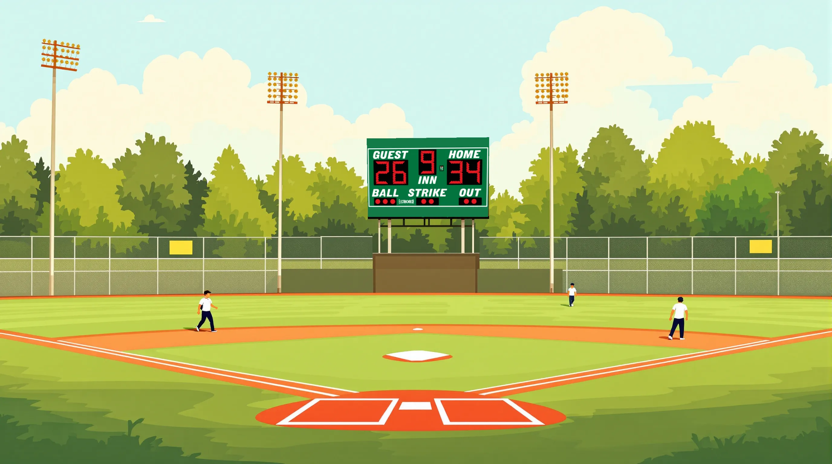A youth baseball diamond with an Electro-Mech scoreboard beyond the outfield fence showing the inning, ball, strike and out counts