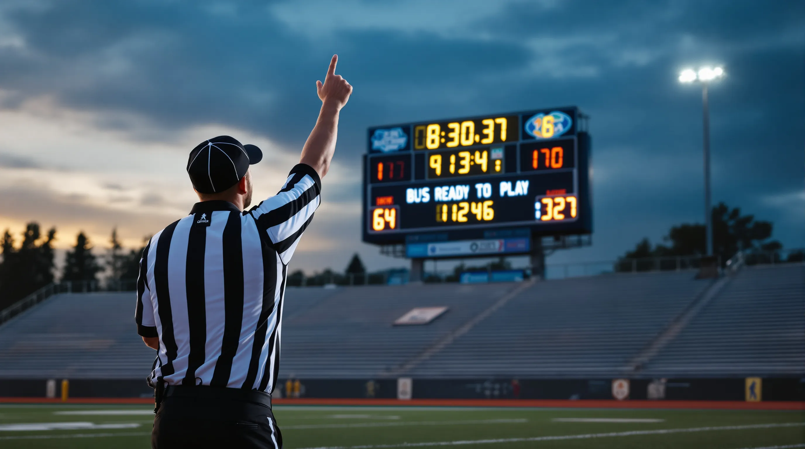 Football referee raising arm to signal ready-for-play on a high school football field