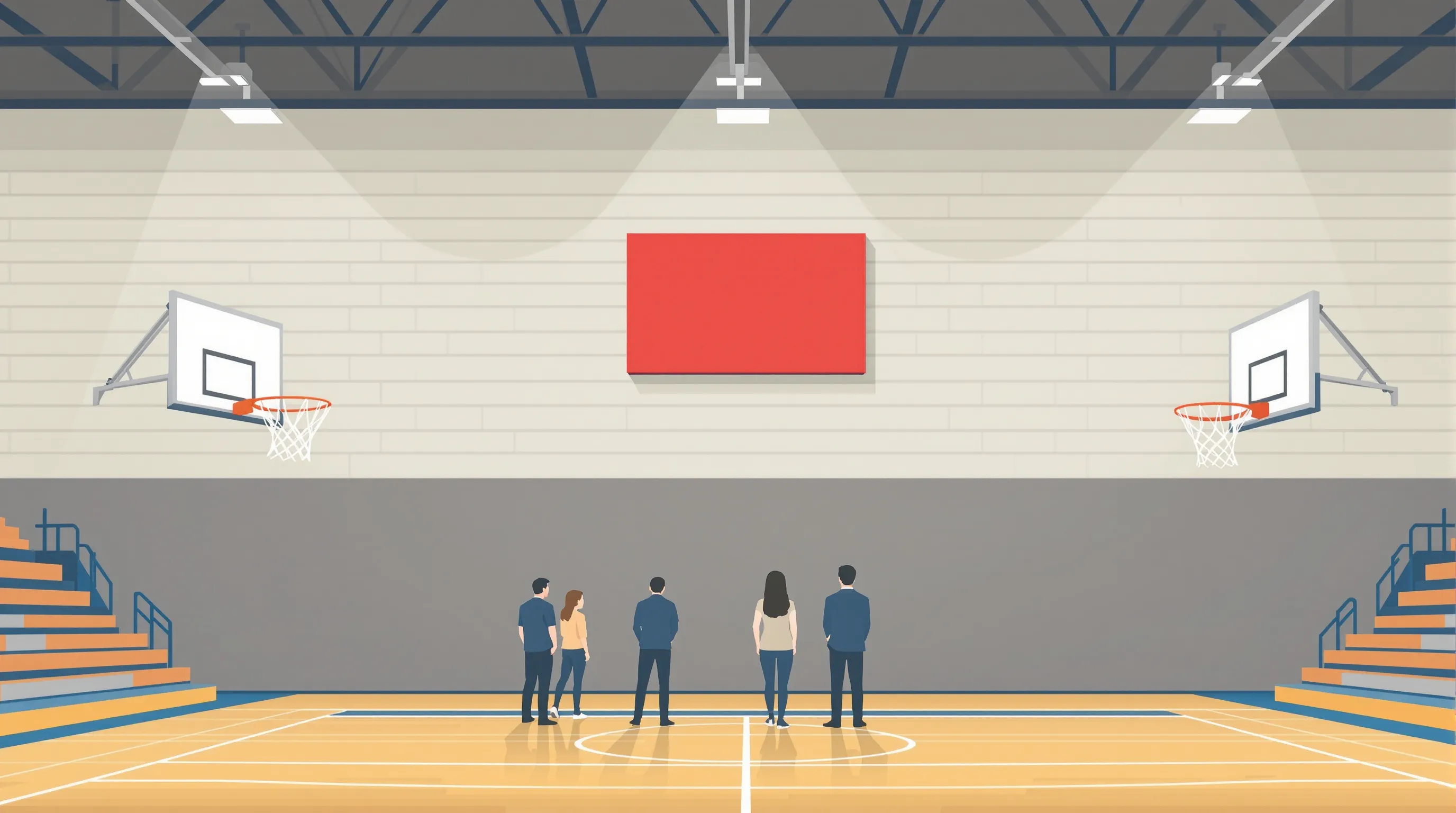 Illustration of a gymnasium interior with an indoor basketball scoreboard mounted on the far wall and three adults near the scorer's table