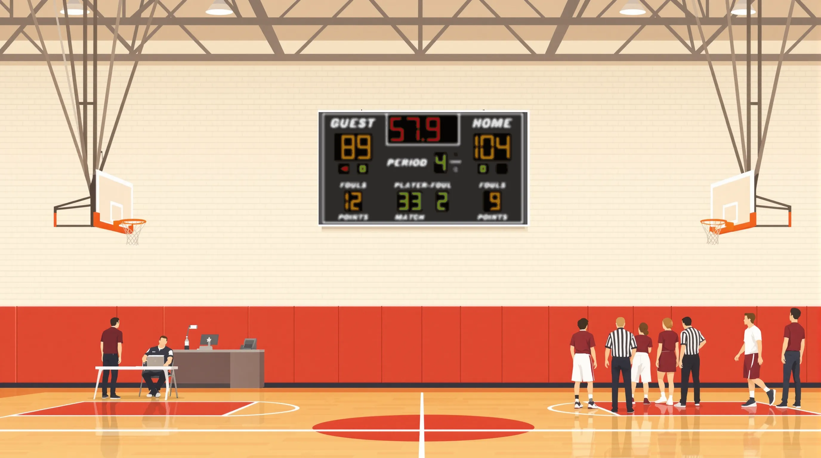Flat illustration of a Virginia high school gym with an LX2655 basketball scoreboard on the end wall, a table official at courtside and players near the free-throw lane.