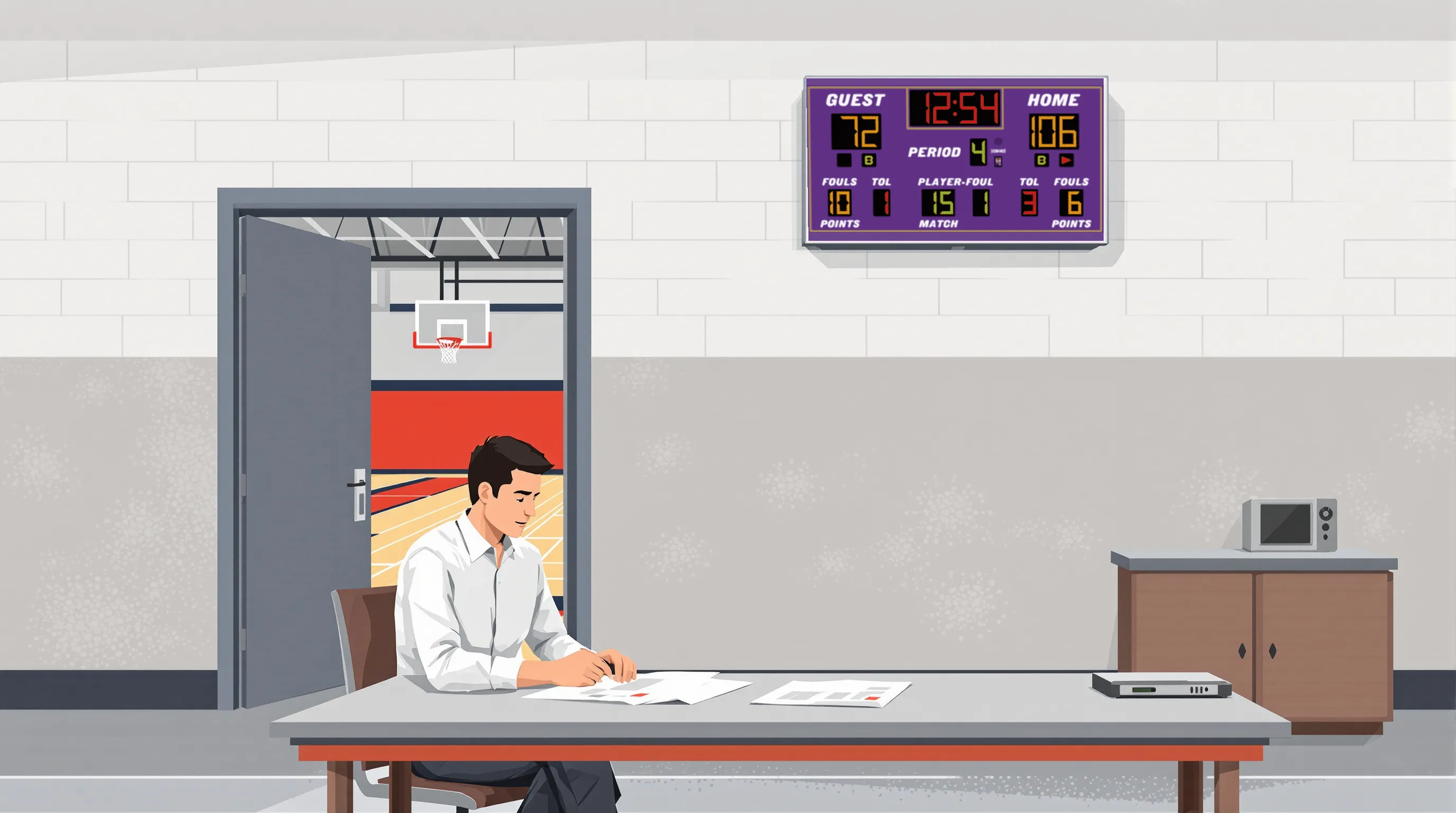 Facility administrator reviewing scoreboard specification documents at a table