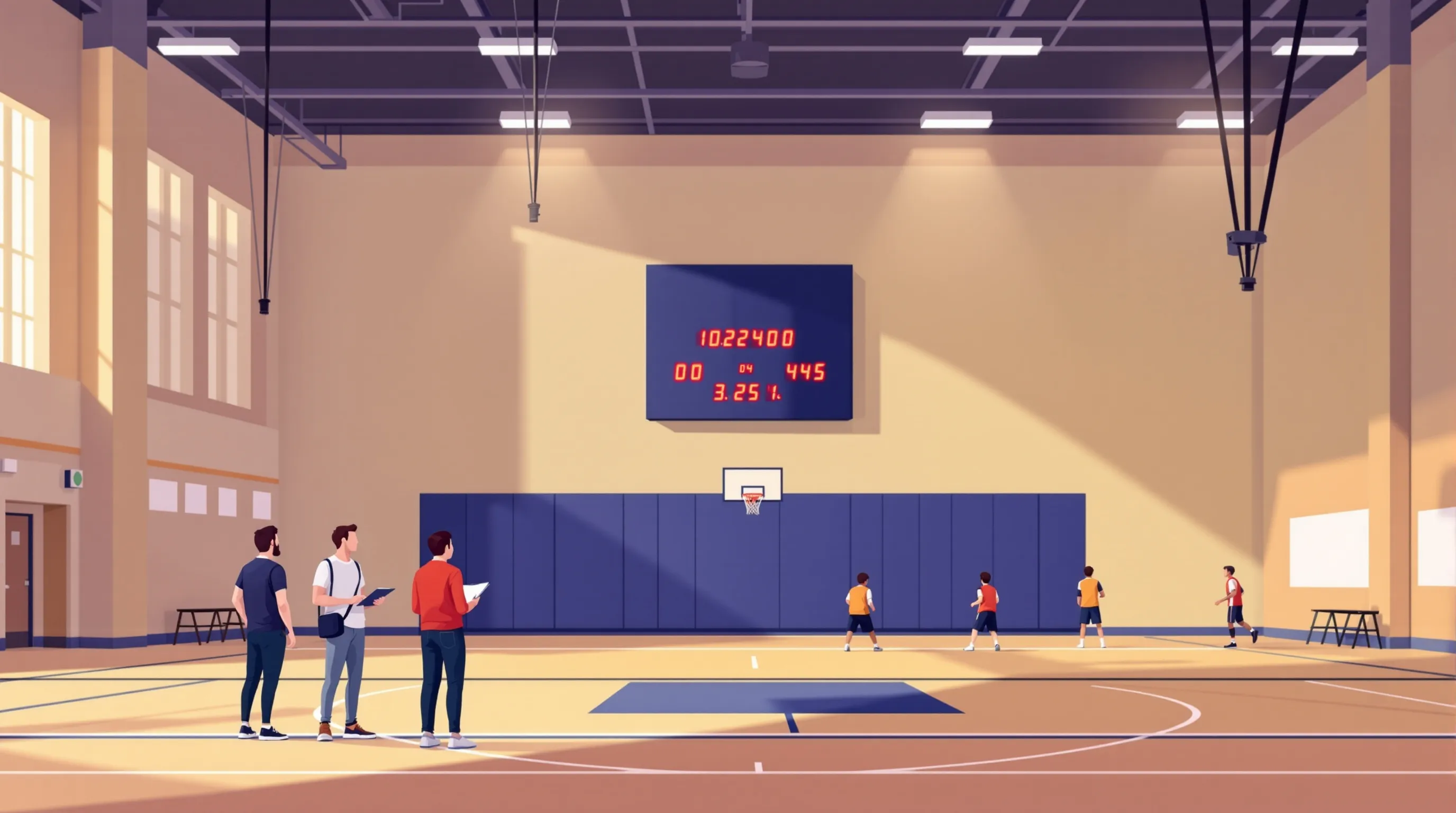 High school gymnasium with a navy blue scoreboard mounted high on the end wall, two adults with a clipboard near the sideline and players practicing basketball in the distance.