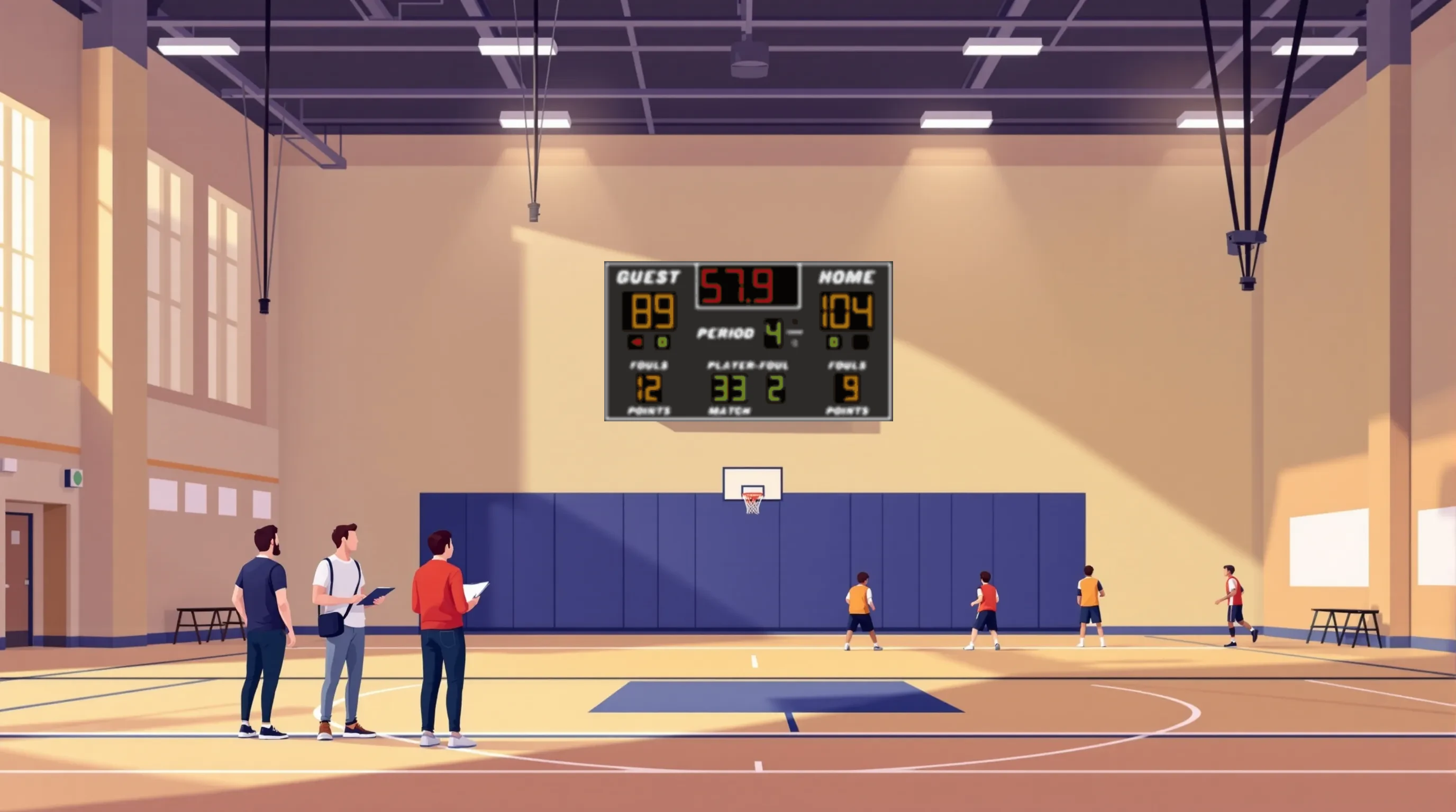 High school gymnasium with a navy blue scoreboard mounted high on the end wall, two adults with a clipboard near the sideline and players practicing basketball in the distance.
