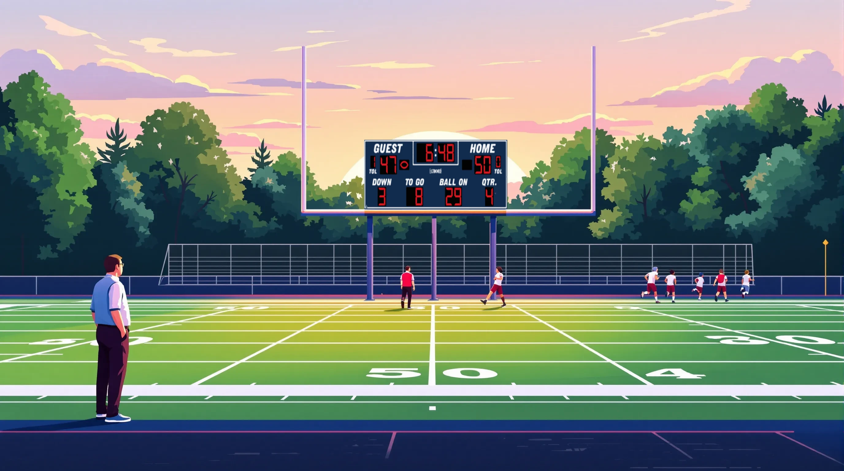 Athletic director and coach on a Georgia high school football sideline with an Electro-Mech scoreboard on two steel posts in the background, flat 2D editorial vector illustration