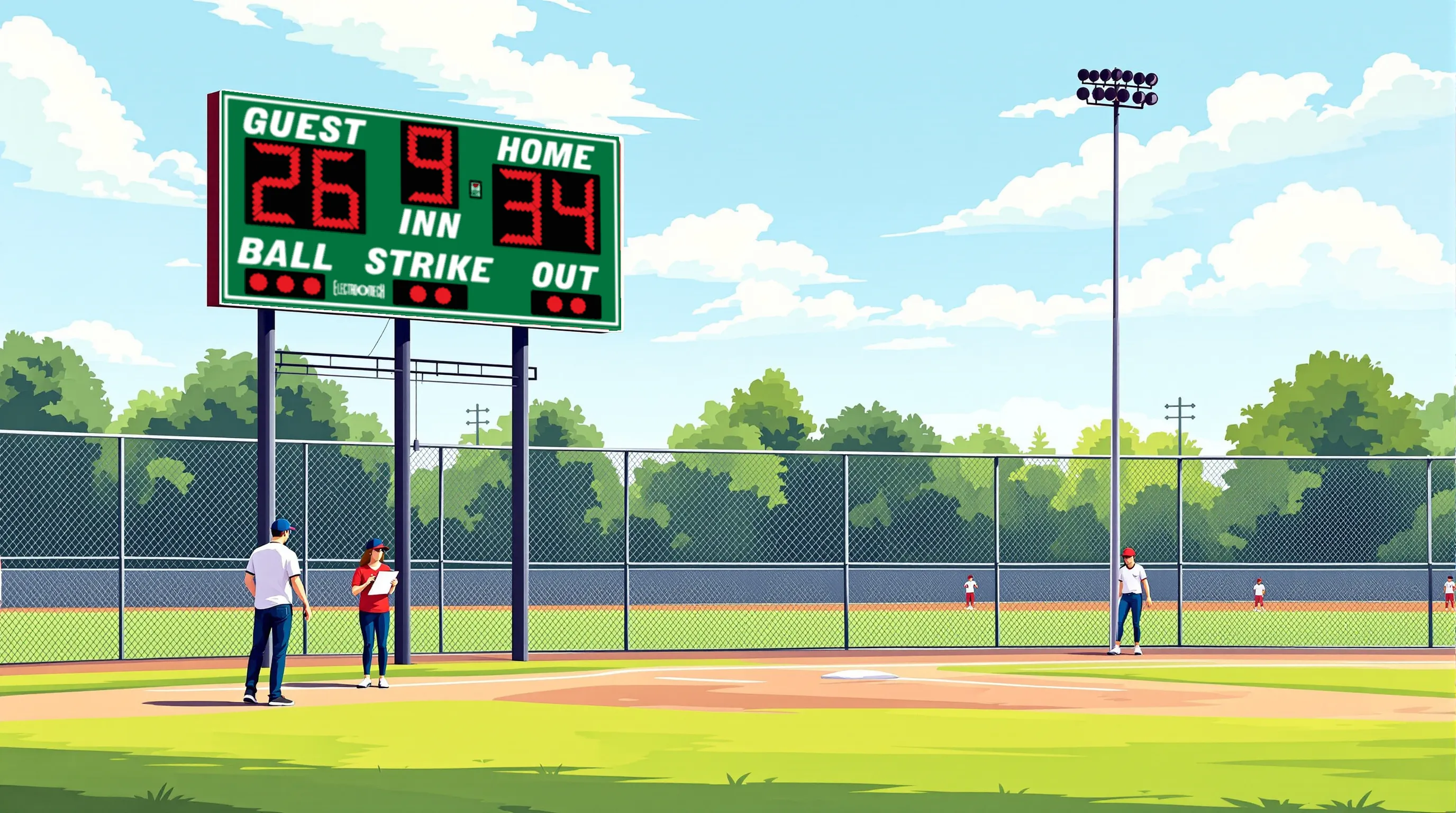 Flat editorial illustration of an outdoor high school baseball diamond with a cardinal red scoreboard on two steel poles beyond the outfield fence, two adults consulting near the first baseline with players warming up in the background