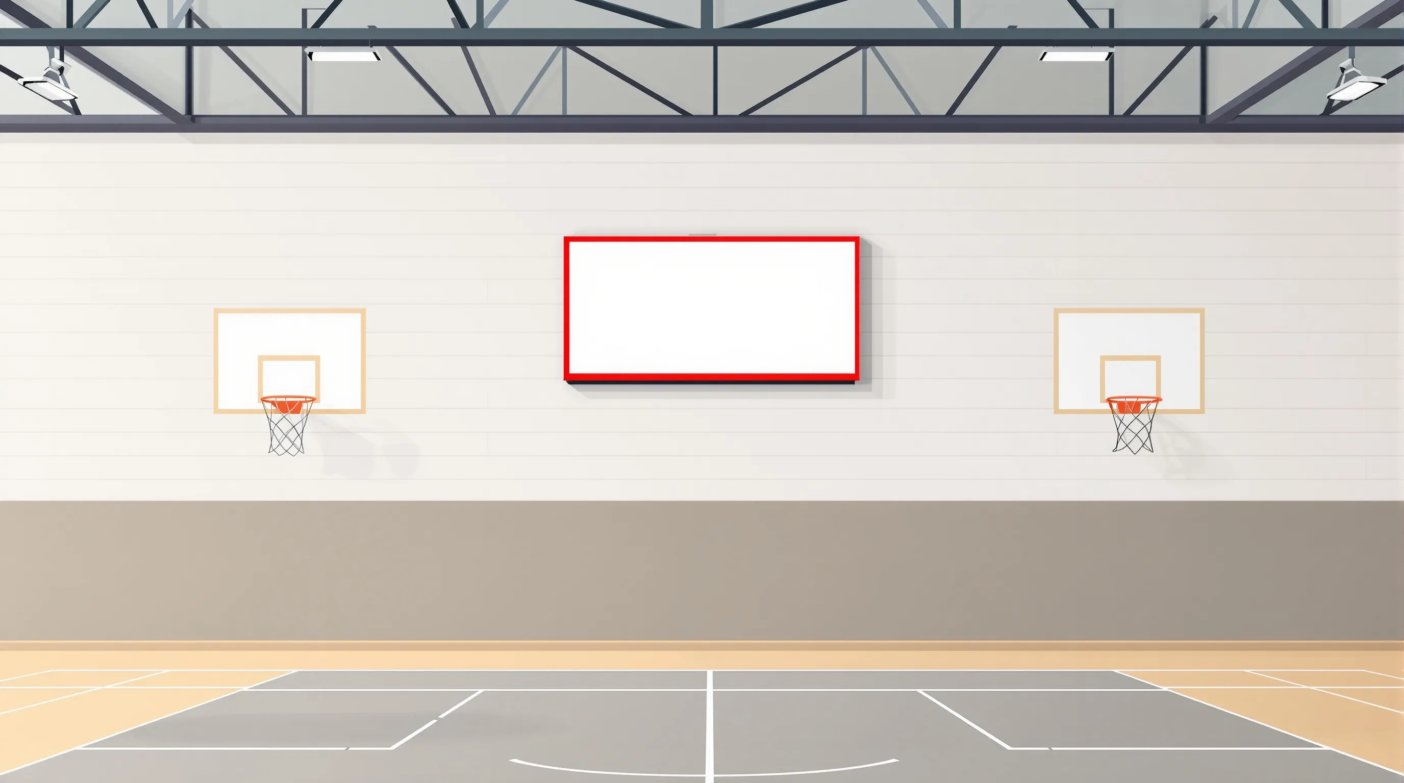 Flat vector editorial illustration of a school gym interior in Louisiana with coaches at the sideline and a navy-blue indoor scoreboard visible on the far wall
