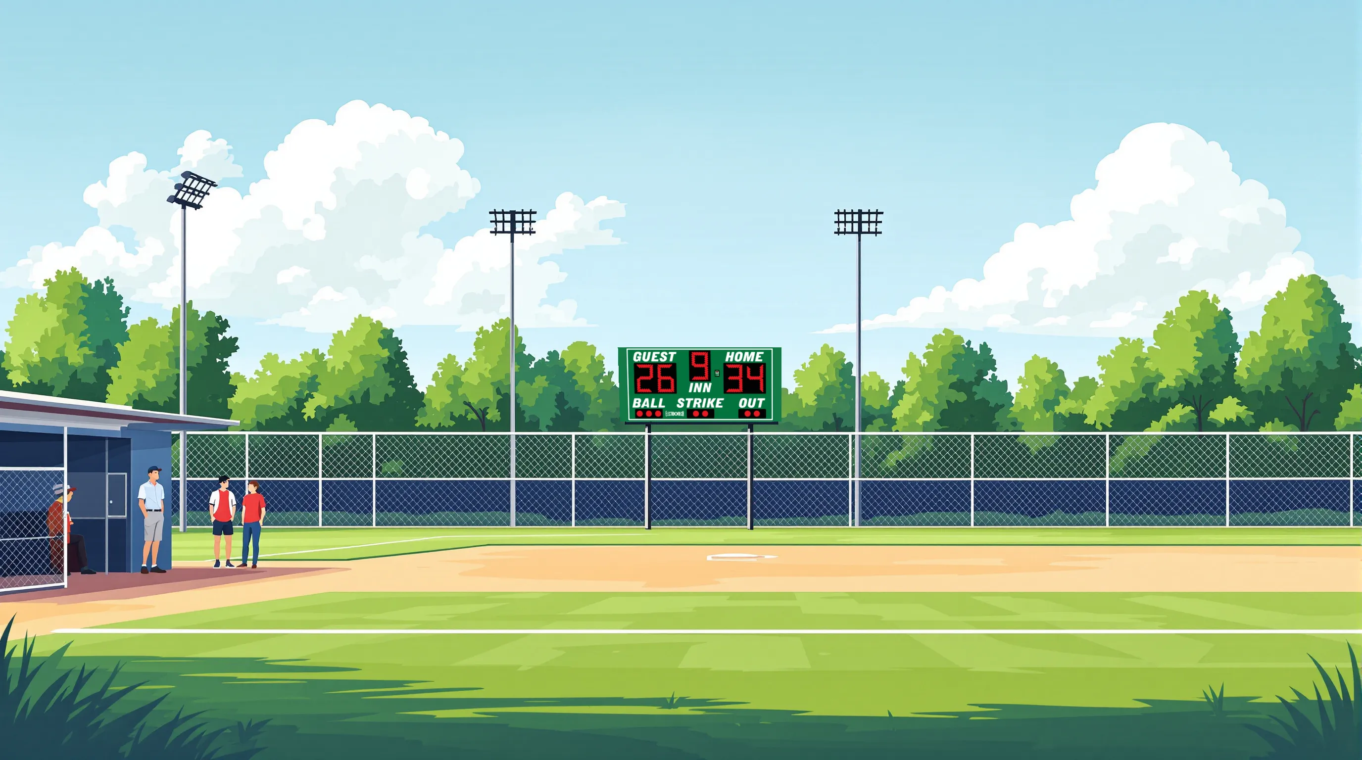 High school baseball field with a navy scoreboard on steel poles beyond the outfield fence